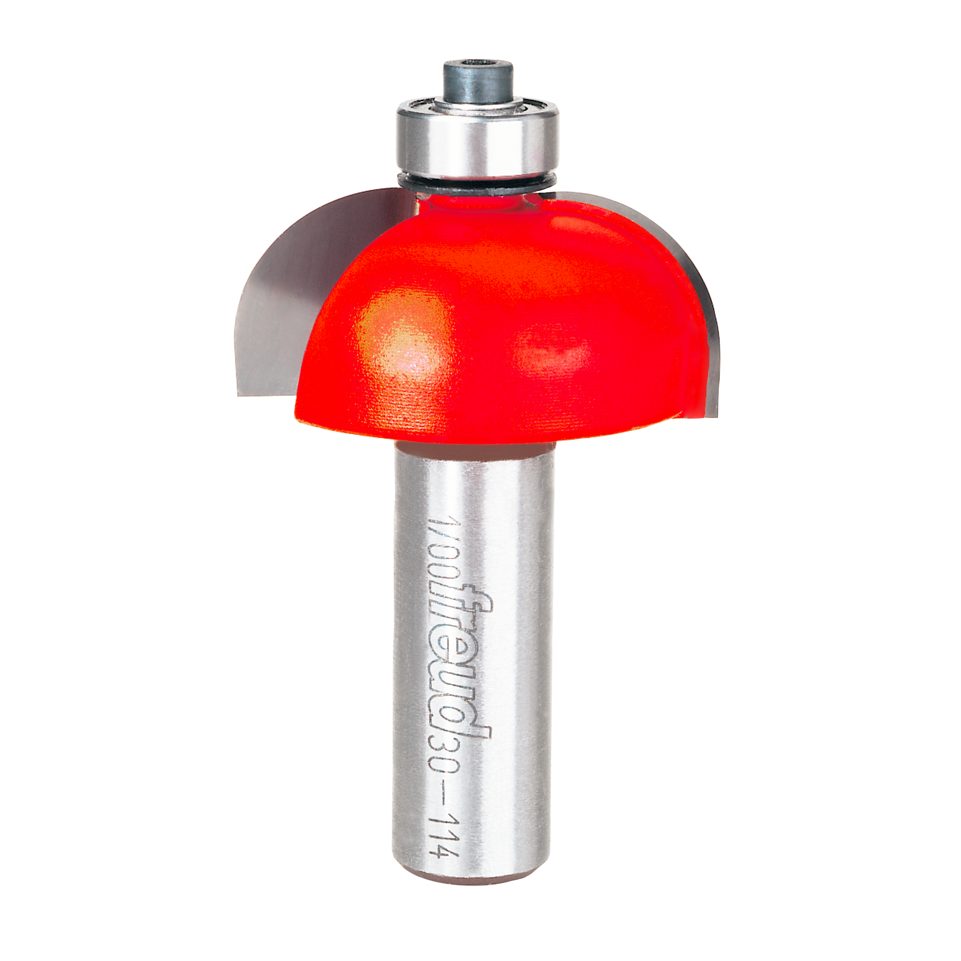 Router bit with red cove-shaped cutting head and silver metal shank labeled "Freud 30-114".