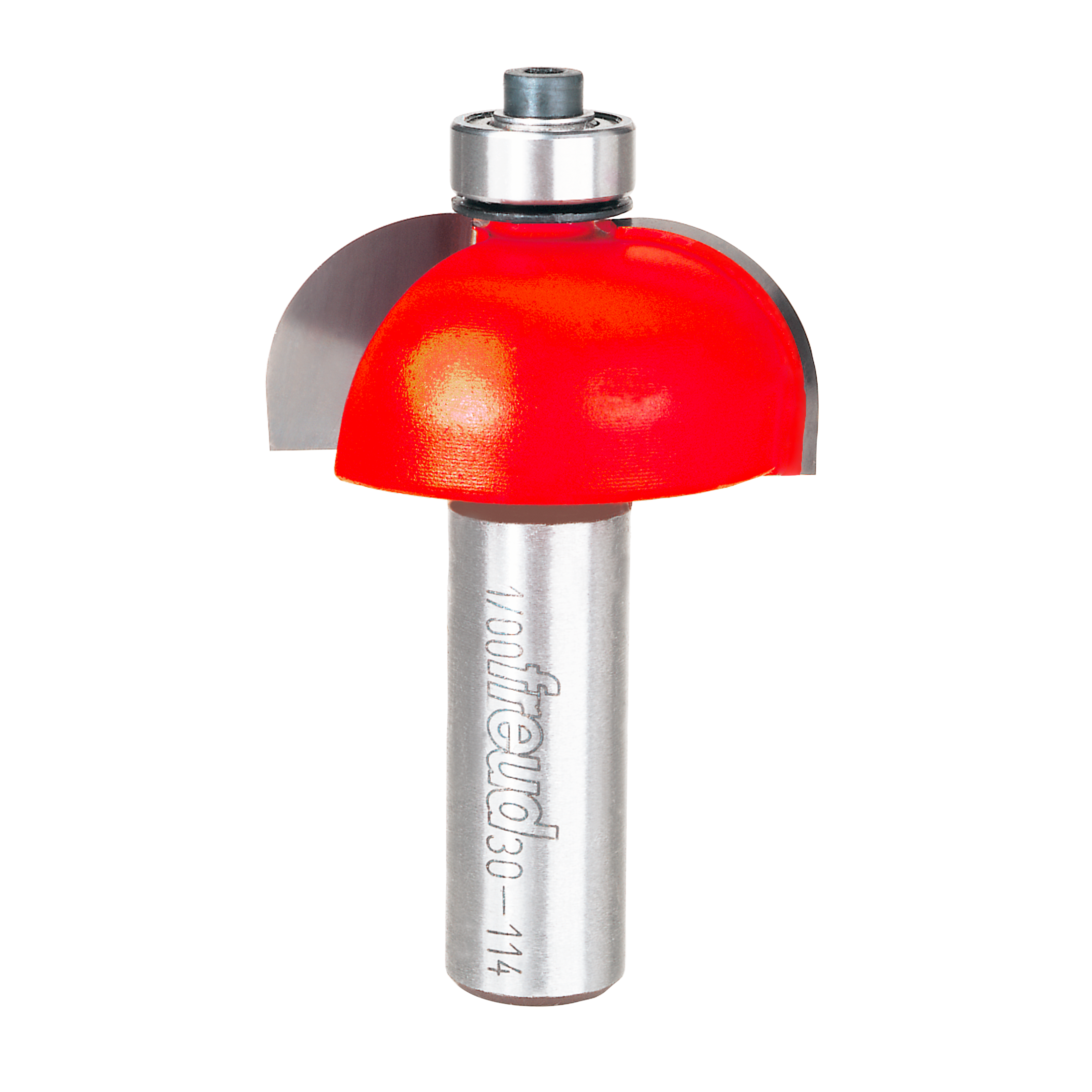 Router bit with red cove-shaped cutting head and silver metal shank labeled "Freud 30-114".