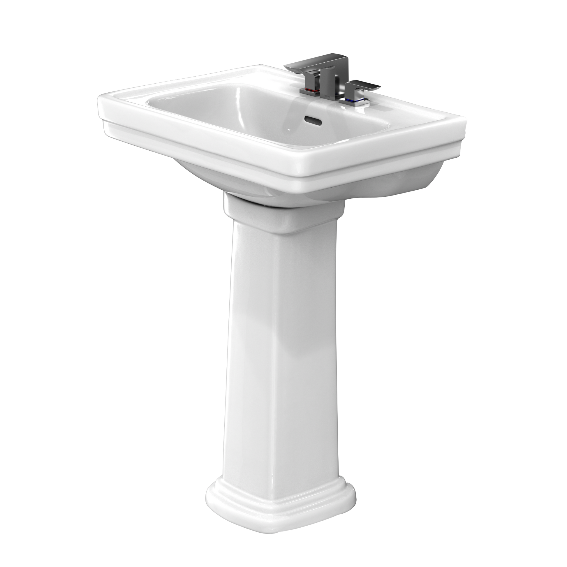 White rectangular pedestal sink with black faucet mounted on basin and cylindrical support column.