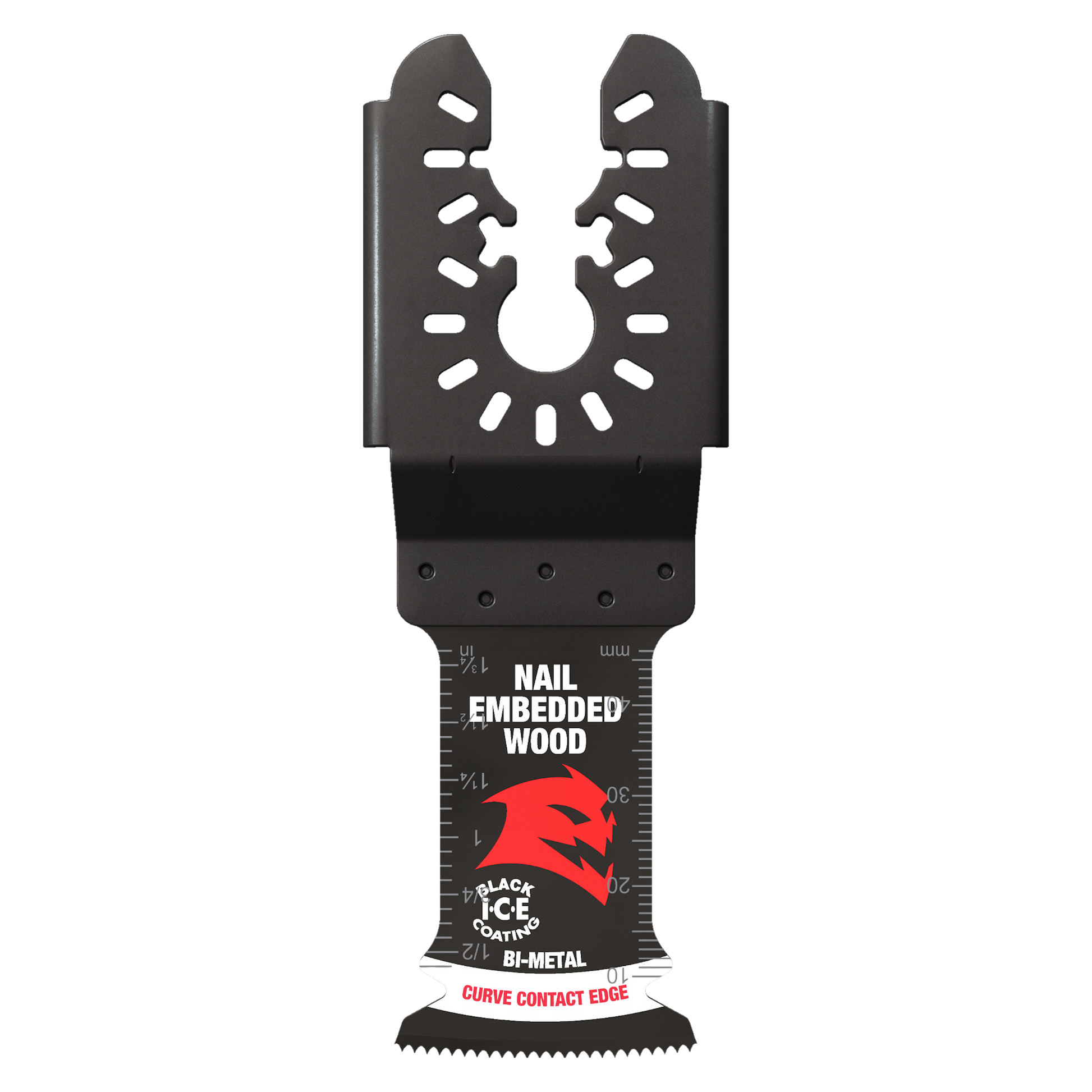 Black bi-metal oscillating saw blade with serrated cutting edge and mounting holes for universal fit.