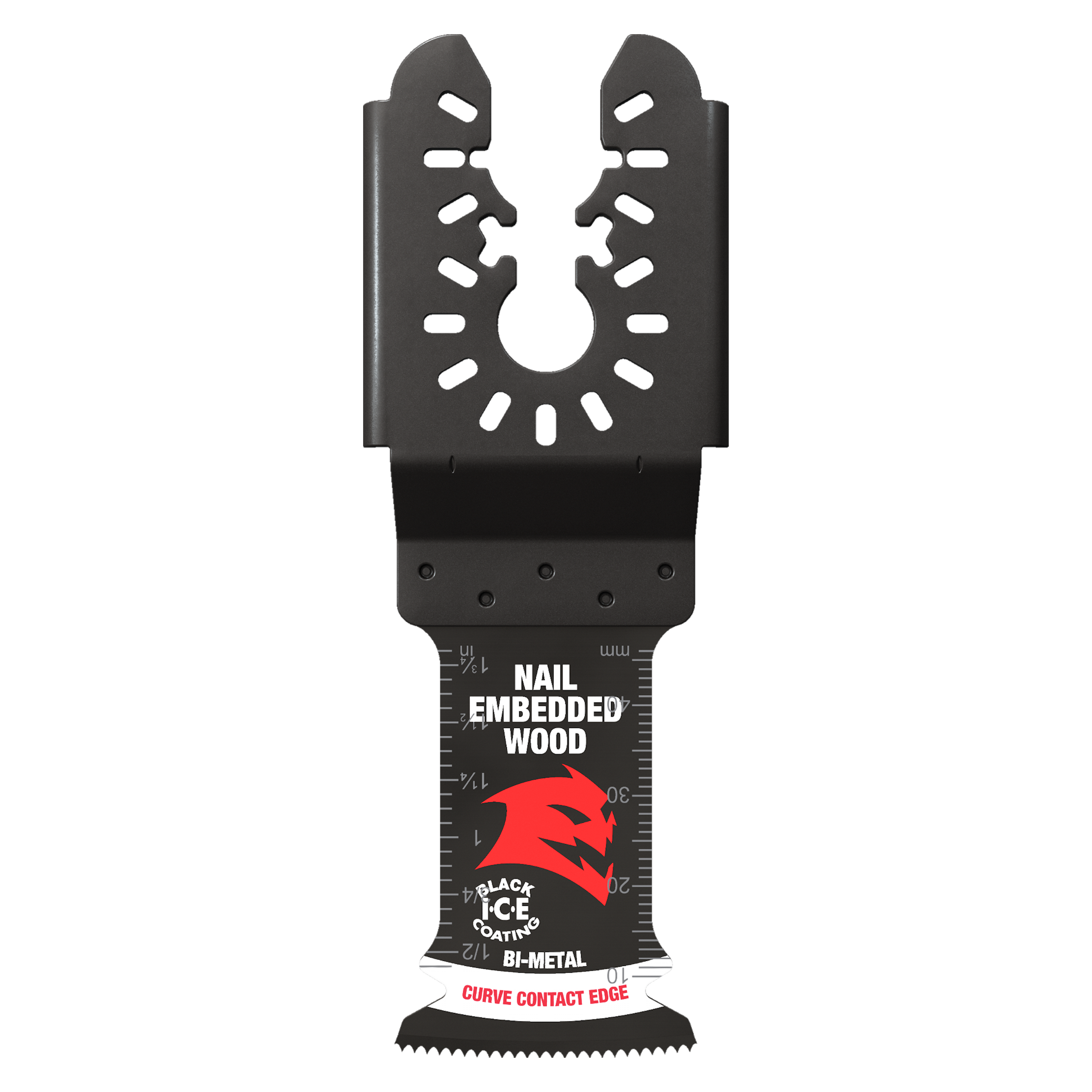 Black bi-metal oscillating saw blade with serrated cutting edge and mounting holes for universal fit.