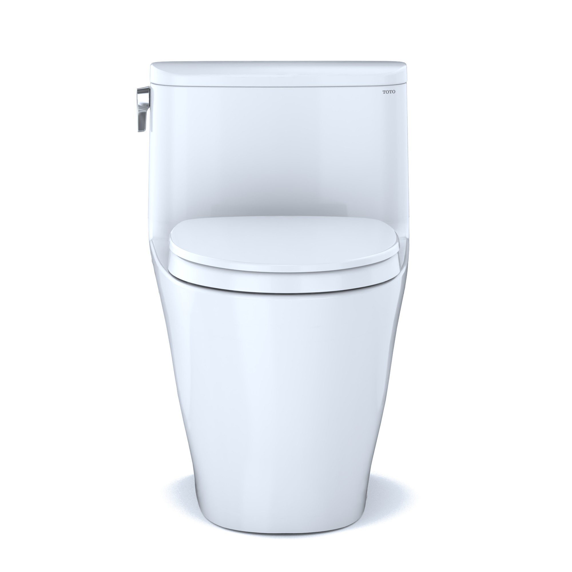 White one-piece elongated toilet with closed soft-close seat and silver side control handle.