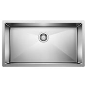 Stainless steel single bowl undermount kitchen sink with drain strainer, viewed from above.