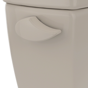 Bone-colored trip lever mounted on side of toilet tank with curved handle design.