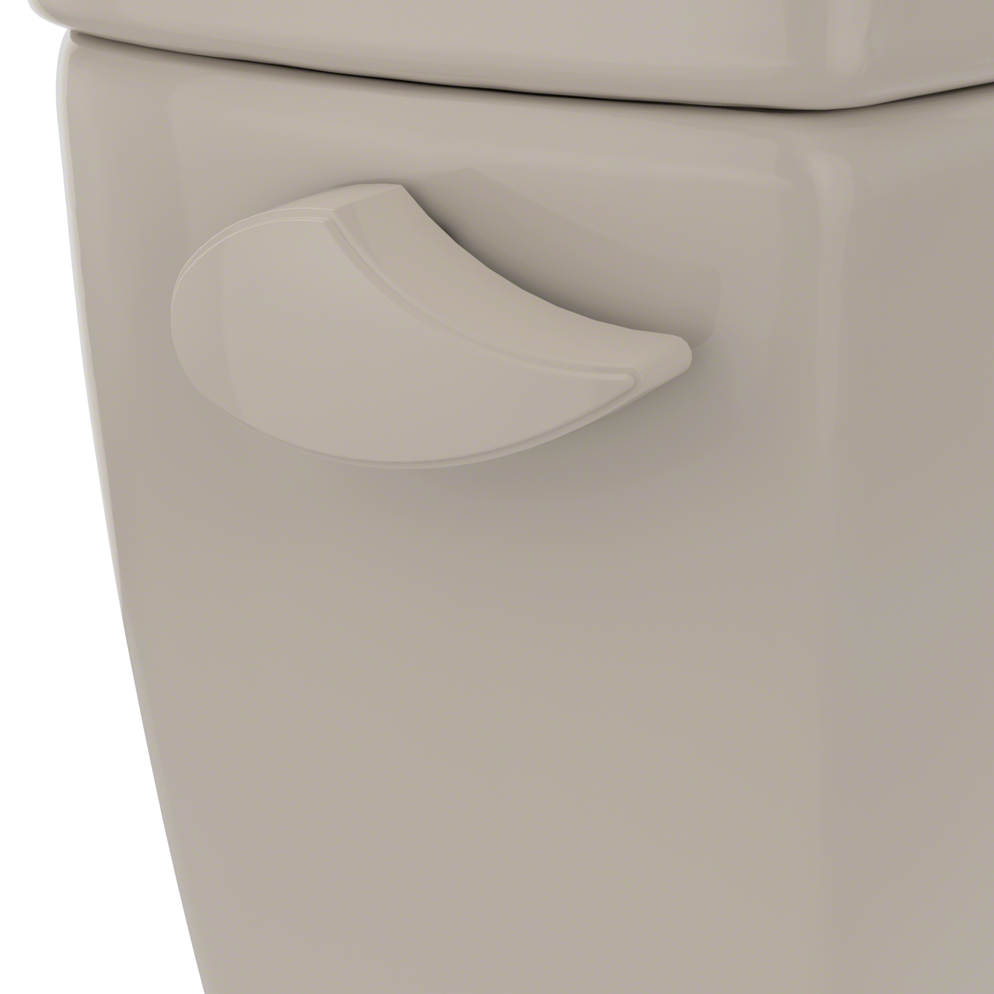 Bone-colored trip lever mounted on side of toilet tank with curved handle design.