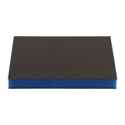 Two-sided sanding sponge with dark gray abrasive surface and blue foam backing.