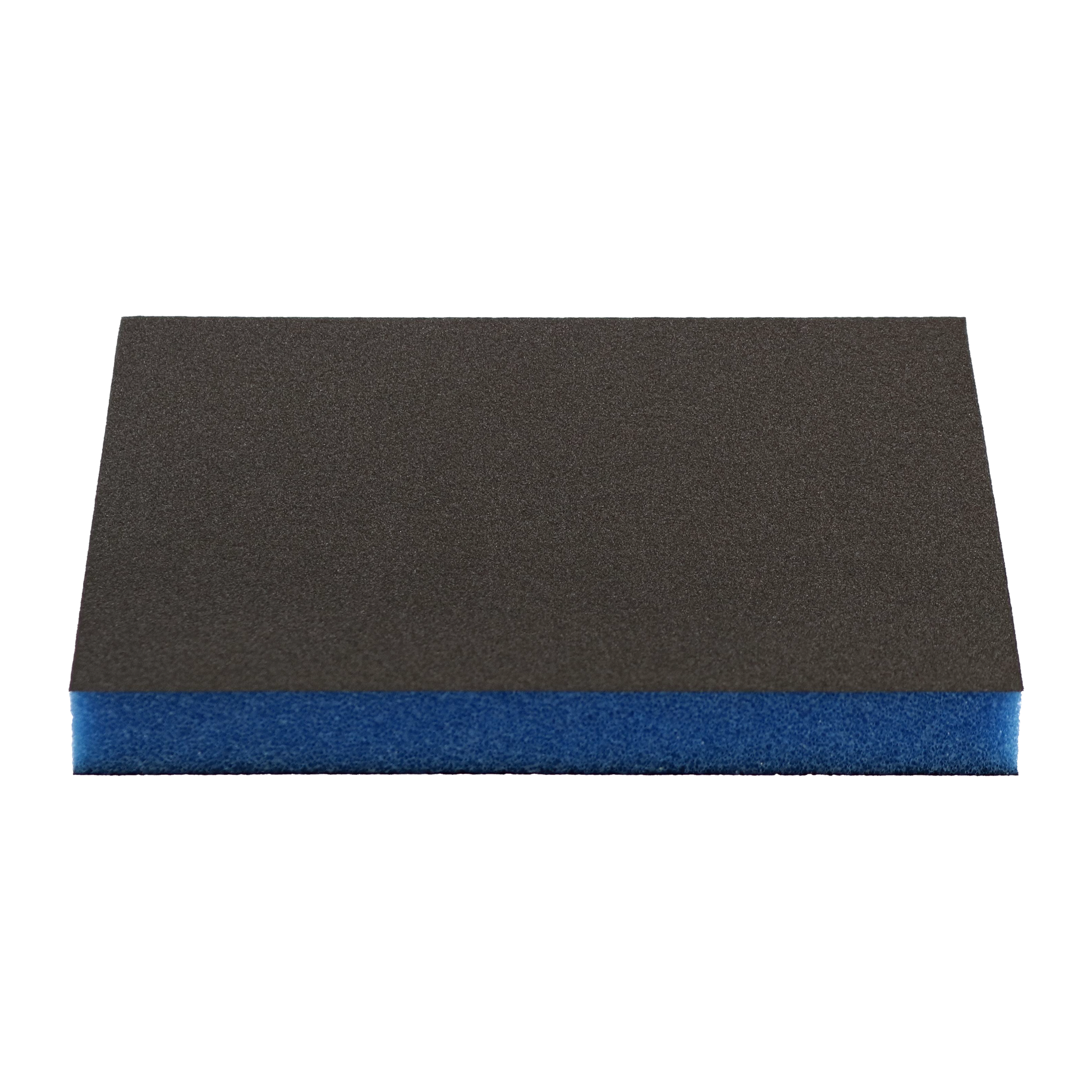 Two-sided sanding sponge with dark gray abrasive surface and blue foam backing.