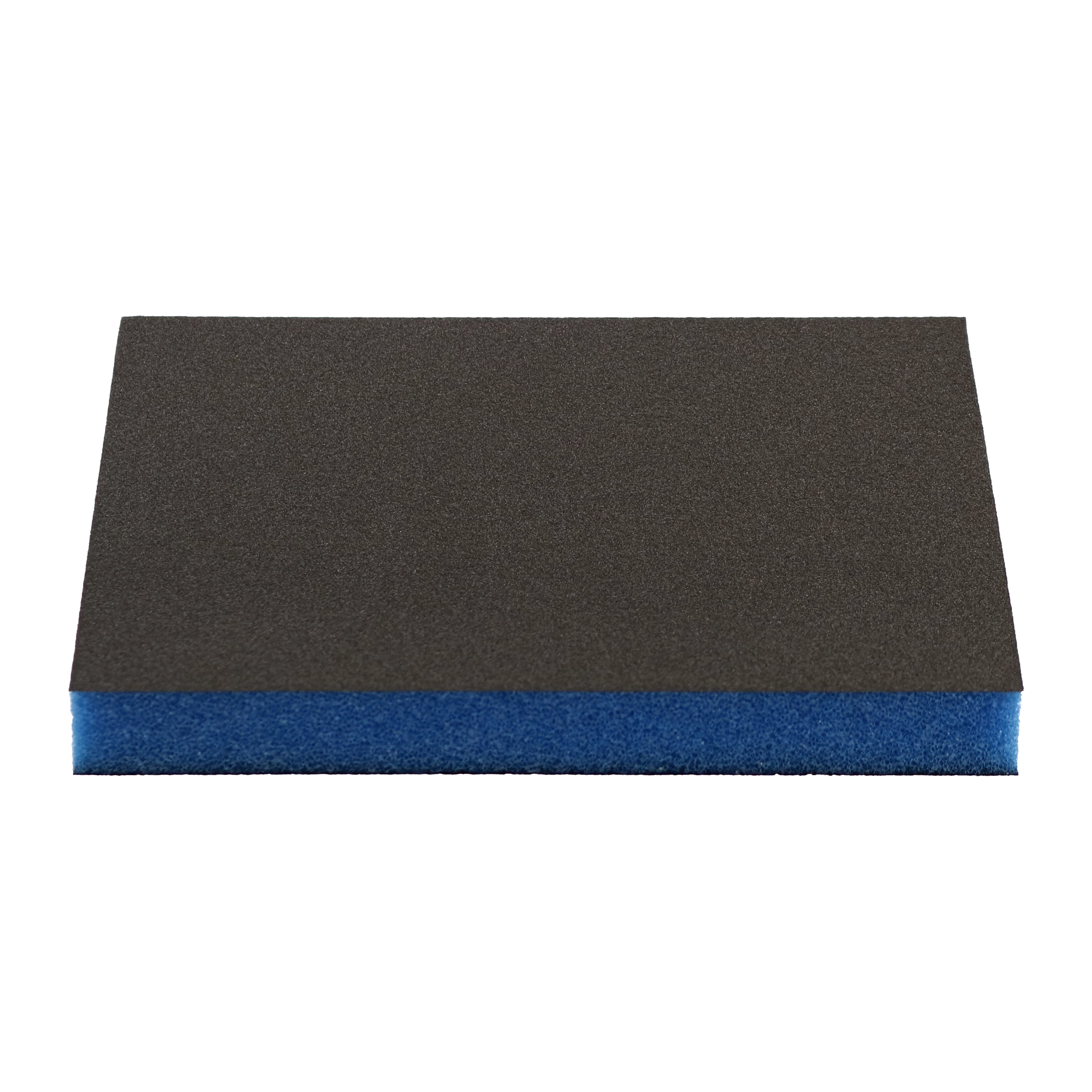 Two-sided sanding sponge with dark gray abrasive surface and blue foam backing.