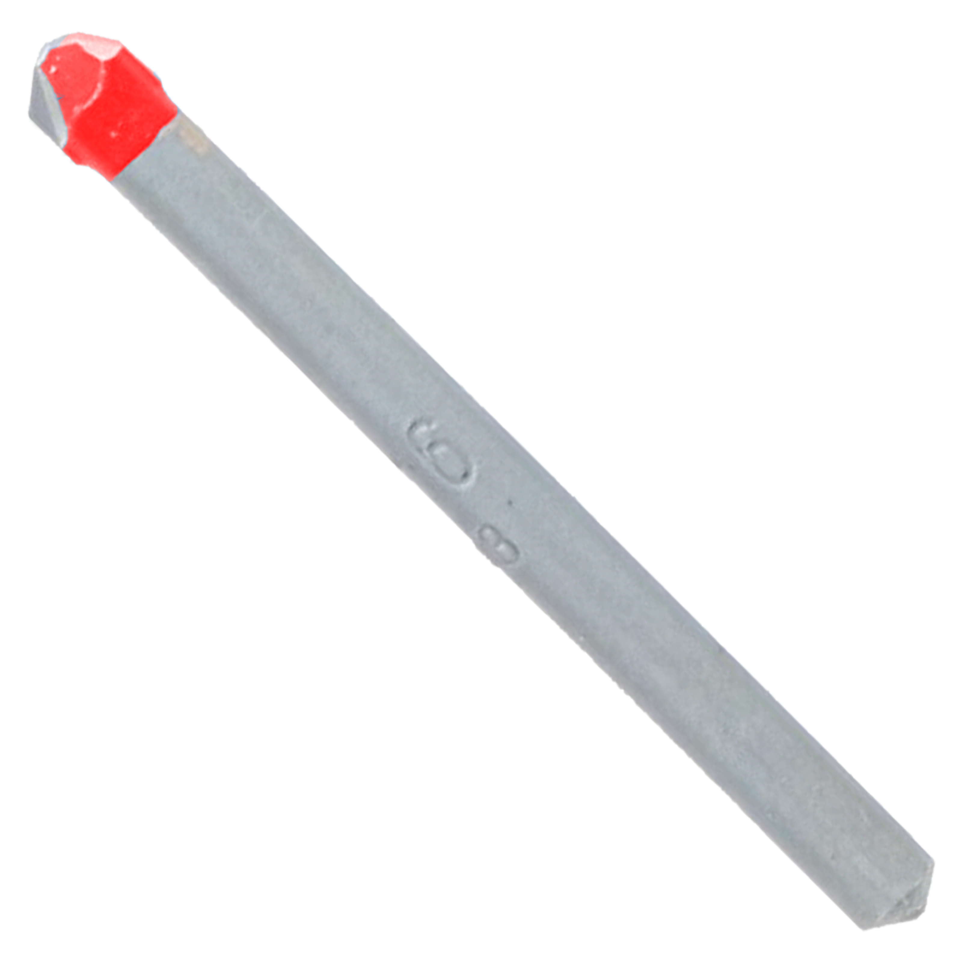 Carbide-tipped drill bit with red tip and gray shaft, 3/16 inch size for tile and stone drilling.