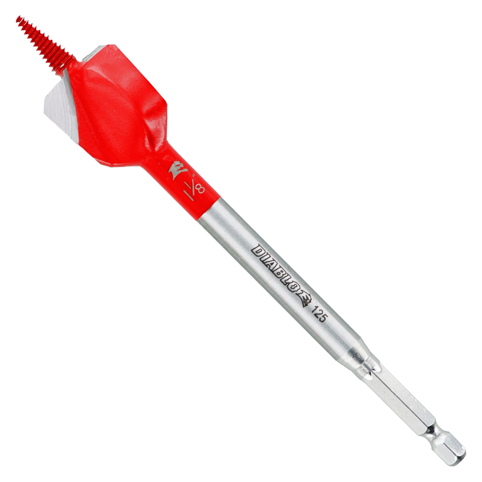 Red and silver spade bit with serrated edges and hex shank, designed for drilling into wood.