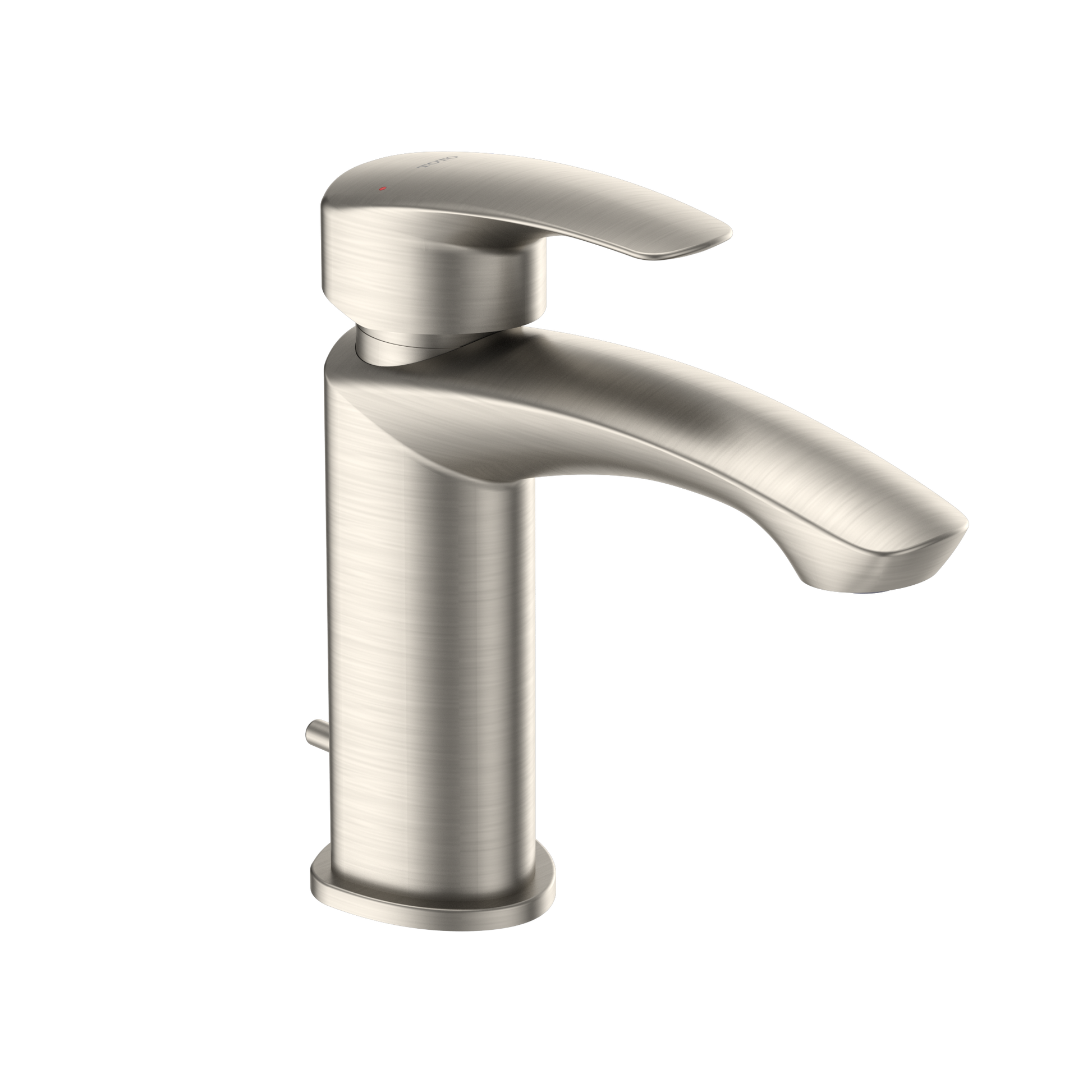 Brushed nickel single-handle bathroom sink faucet with curved spout and cylindrical body.