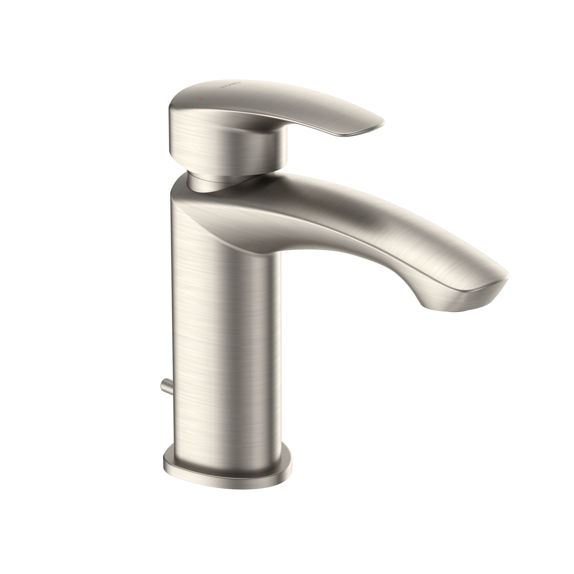 Brushed nickel single-handle bathroom sink faucet with curved spout and cylindrical body.