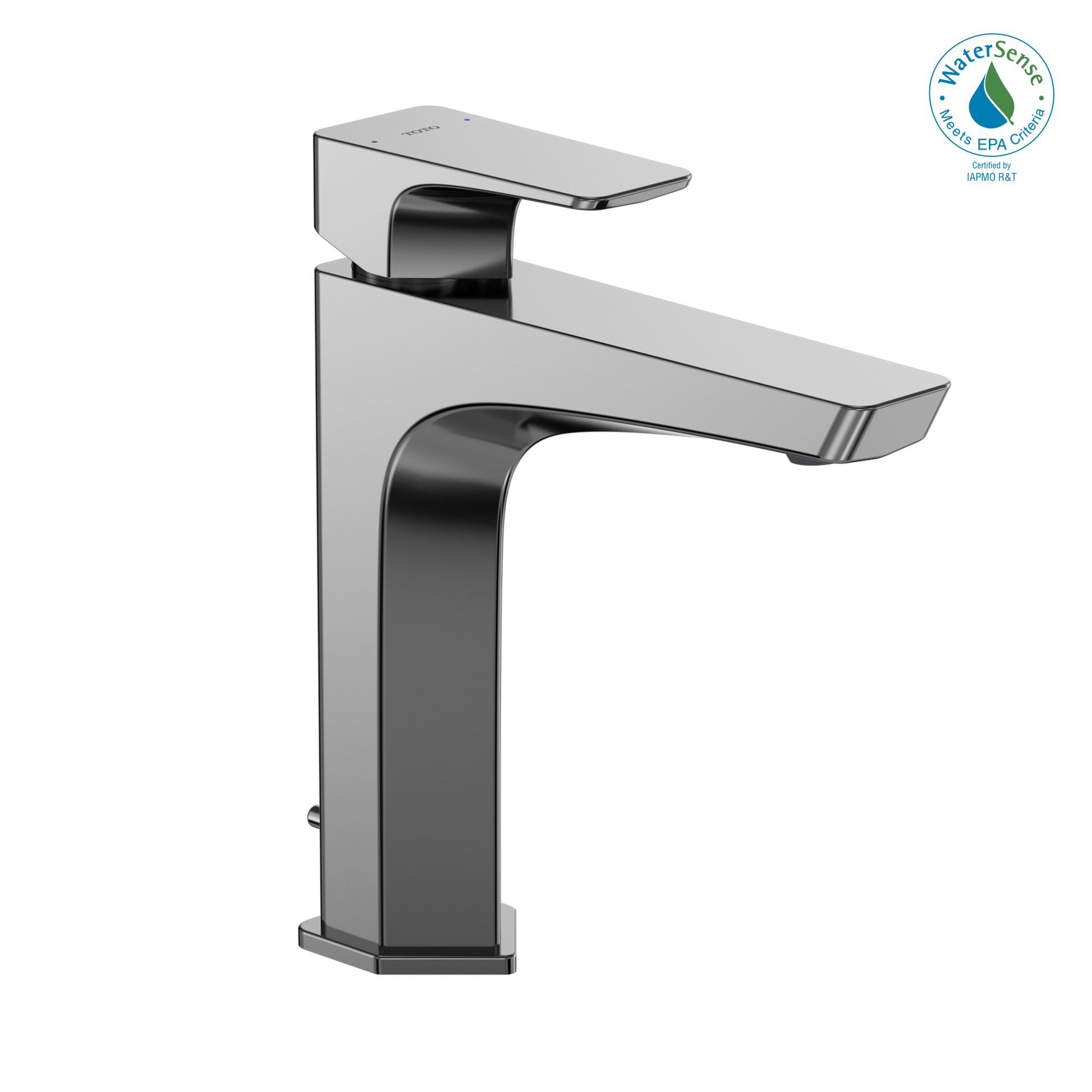 Polished chrome single-handle bathroom sink faucet with rectangular spout and tall black body.