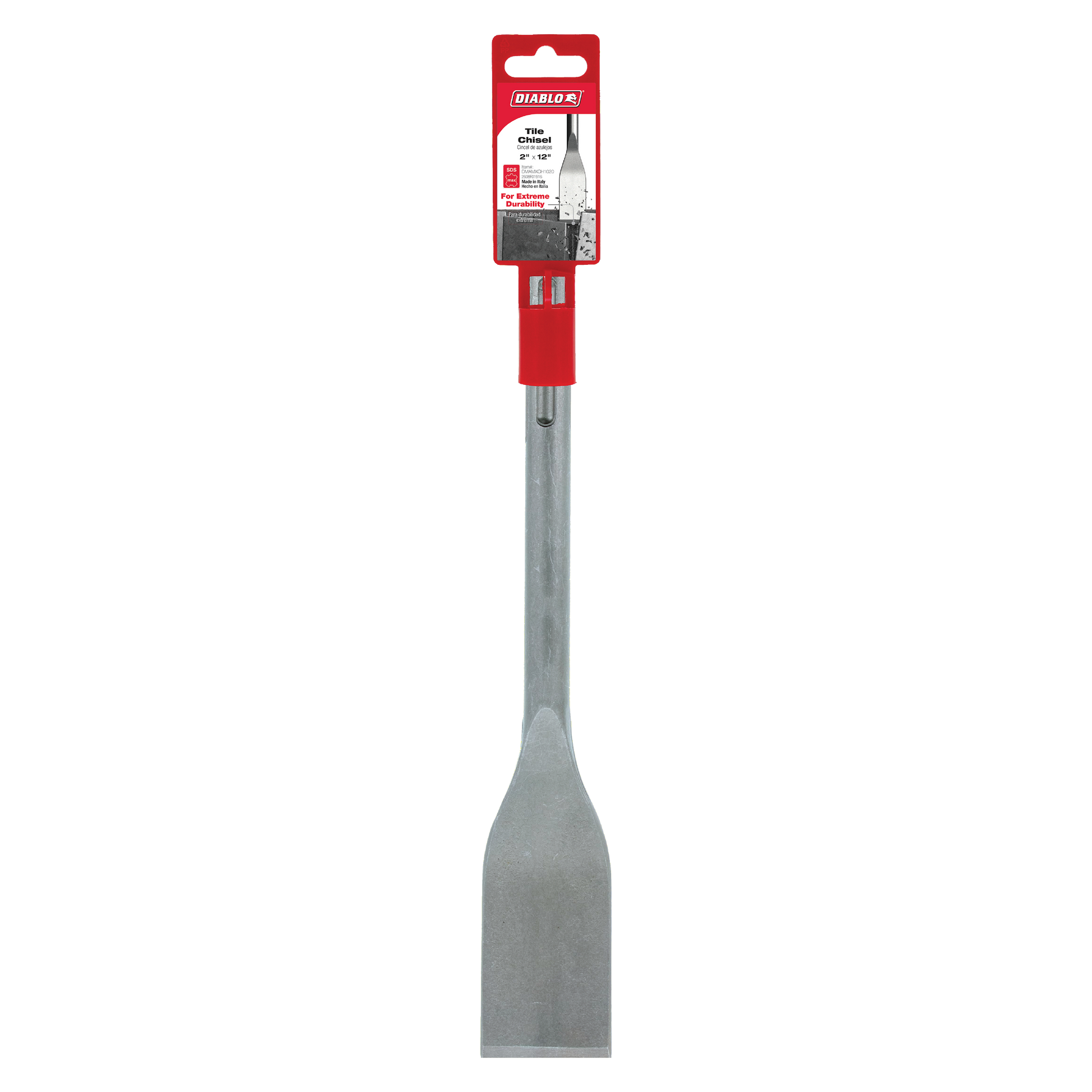 Diablo tile chisel with 2-inch wide flat metal blade, gray steel shaft, and red plastic handle with SDS-Max connection.