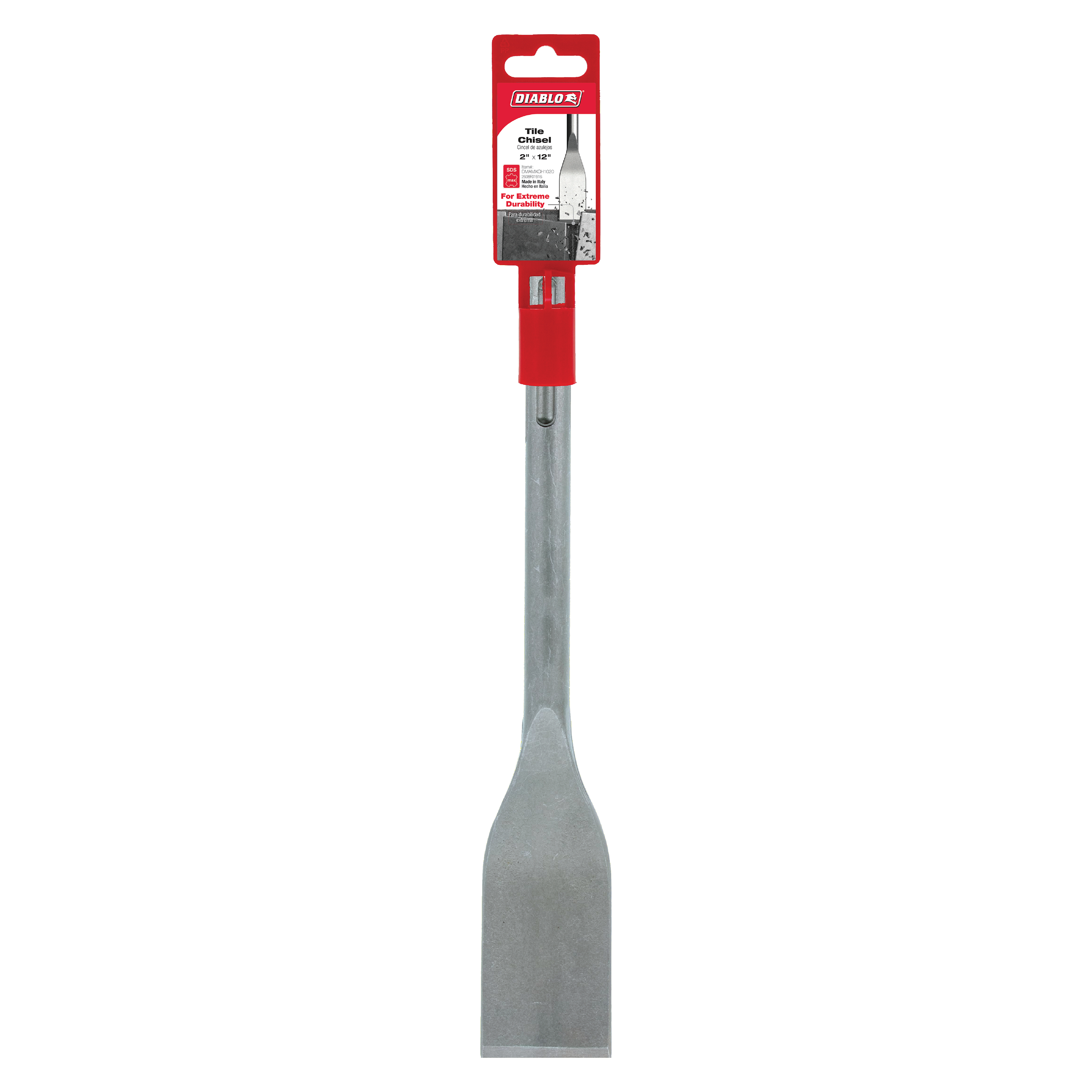Diablo tile chisel with 2-inch wide flat metal blade, gray steel shaft, and red plastic handle with SDS-Max connection.