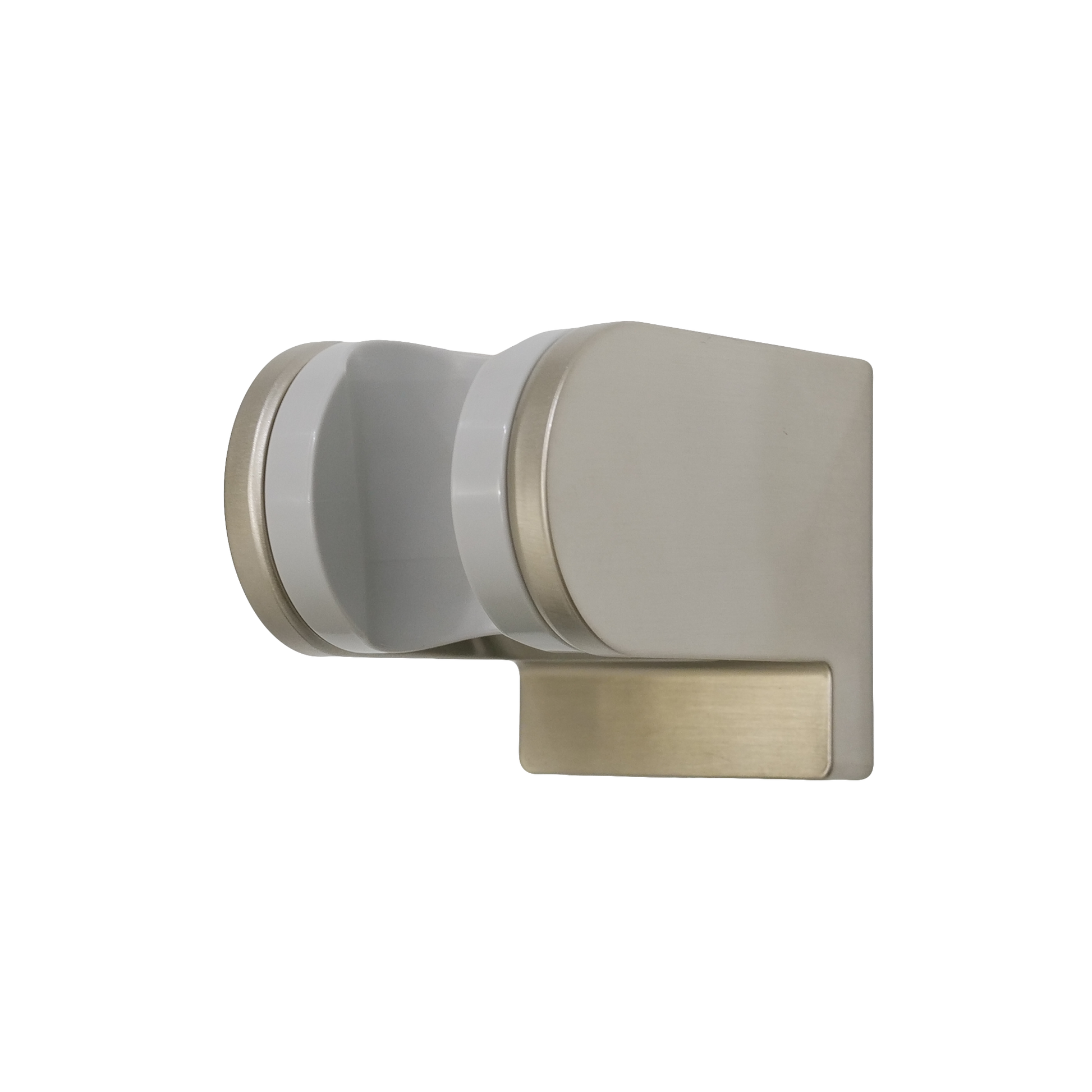 Brushed nickel wall mount bracket with cylindrical handshower holder and rectangular mounting plate.