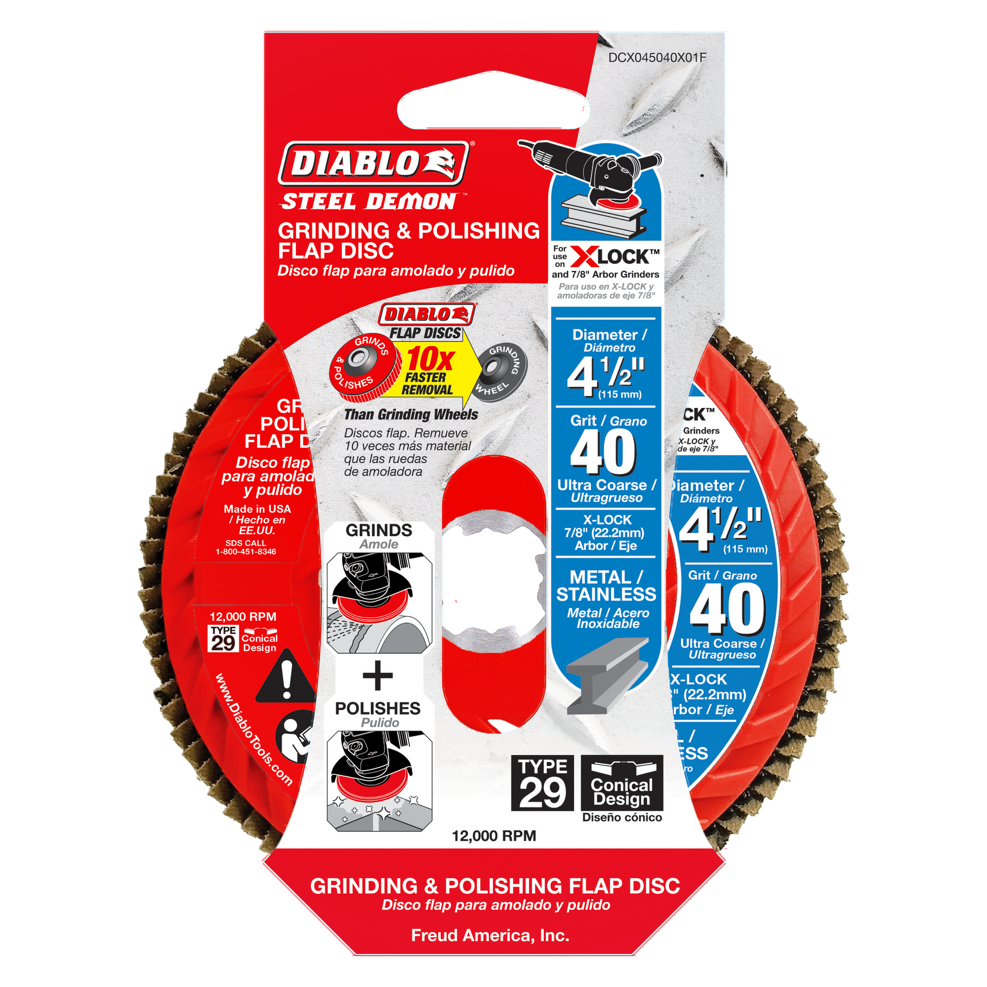 Red and tan 4-1/2 inch flap disc with 40-grit abrasive flaps and X-Lock attachment system for grinding and polishing.