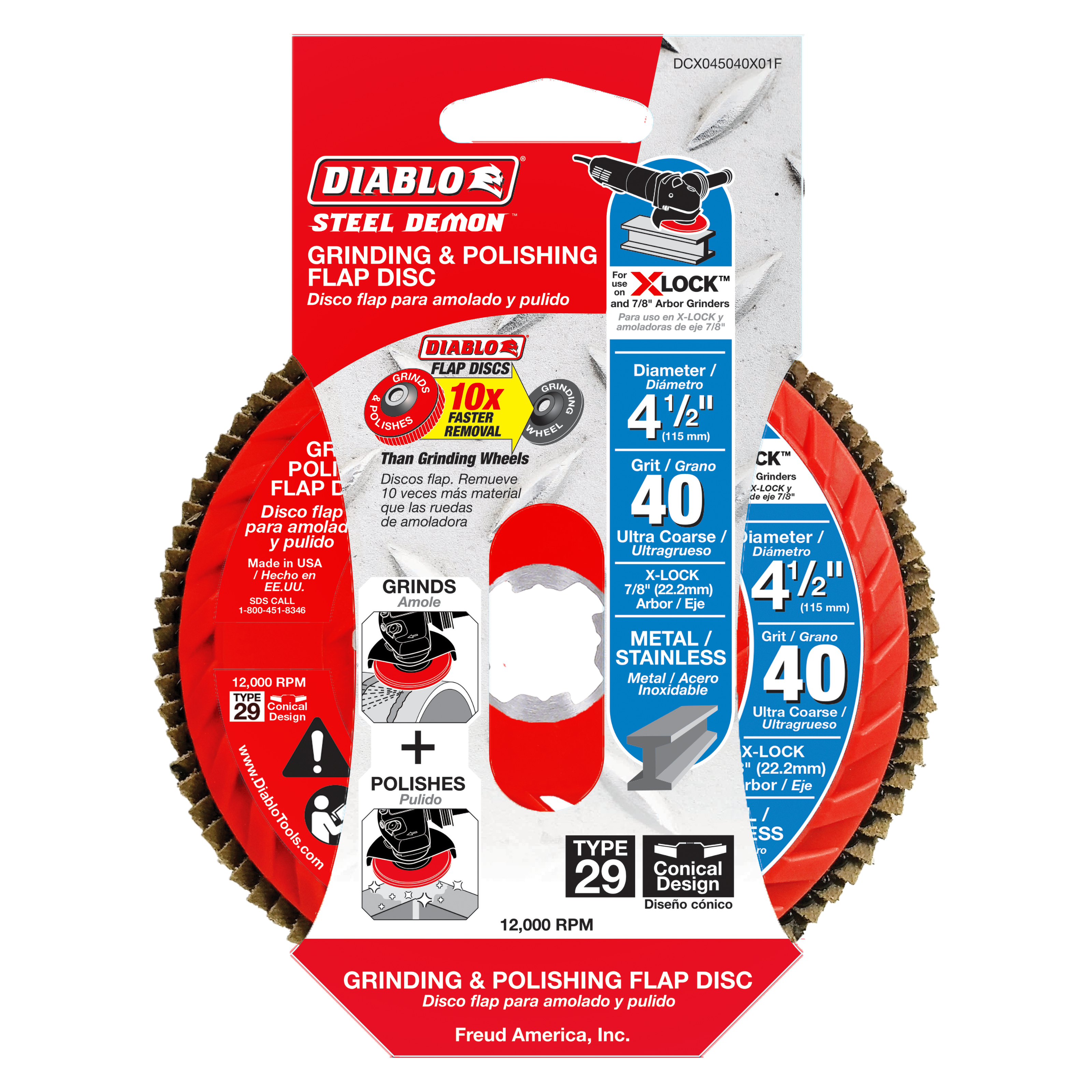 Red and tan 4-1/2 inch flap disc with 40-grit abrasive flaps and X-Lock attachment system for grinding and polishing.