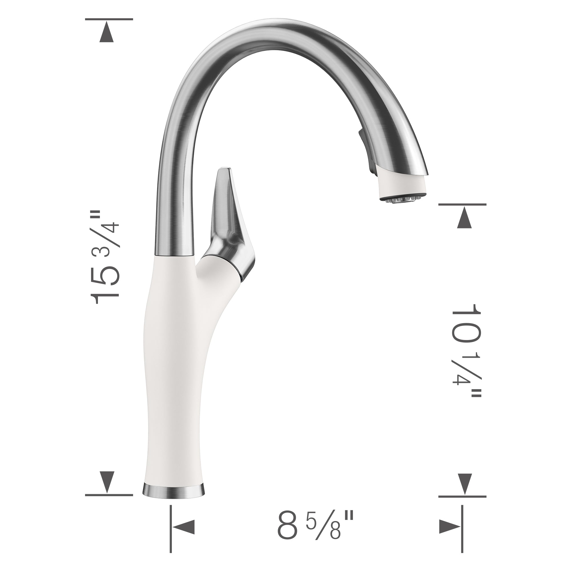 White and stainless steel kitchen faucet with curved spout and pull-down spray head.