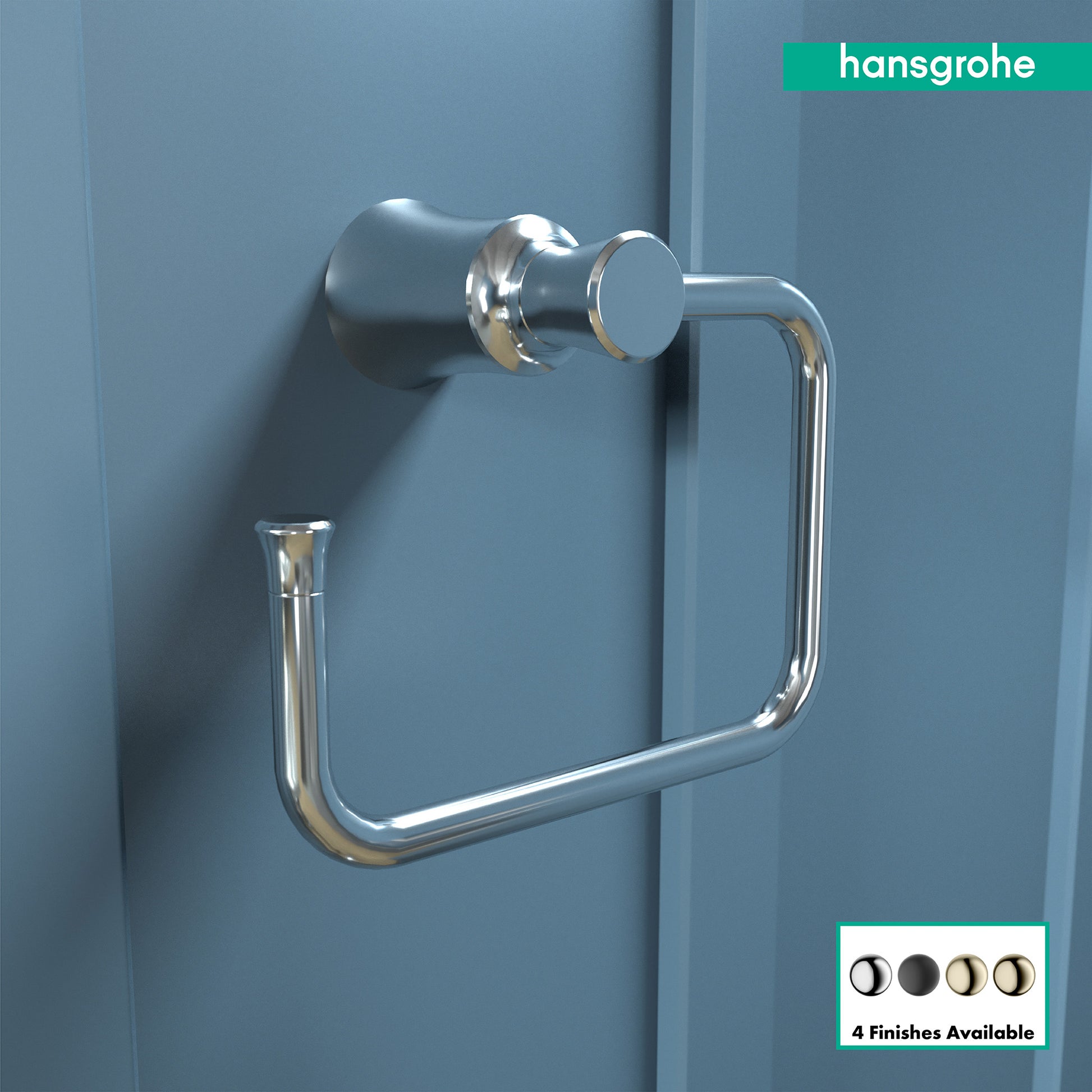 Chrome towel ring with curved rectangular shape mounted on blue wall with circular mounting plate.