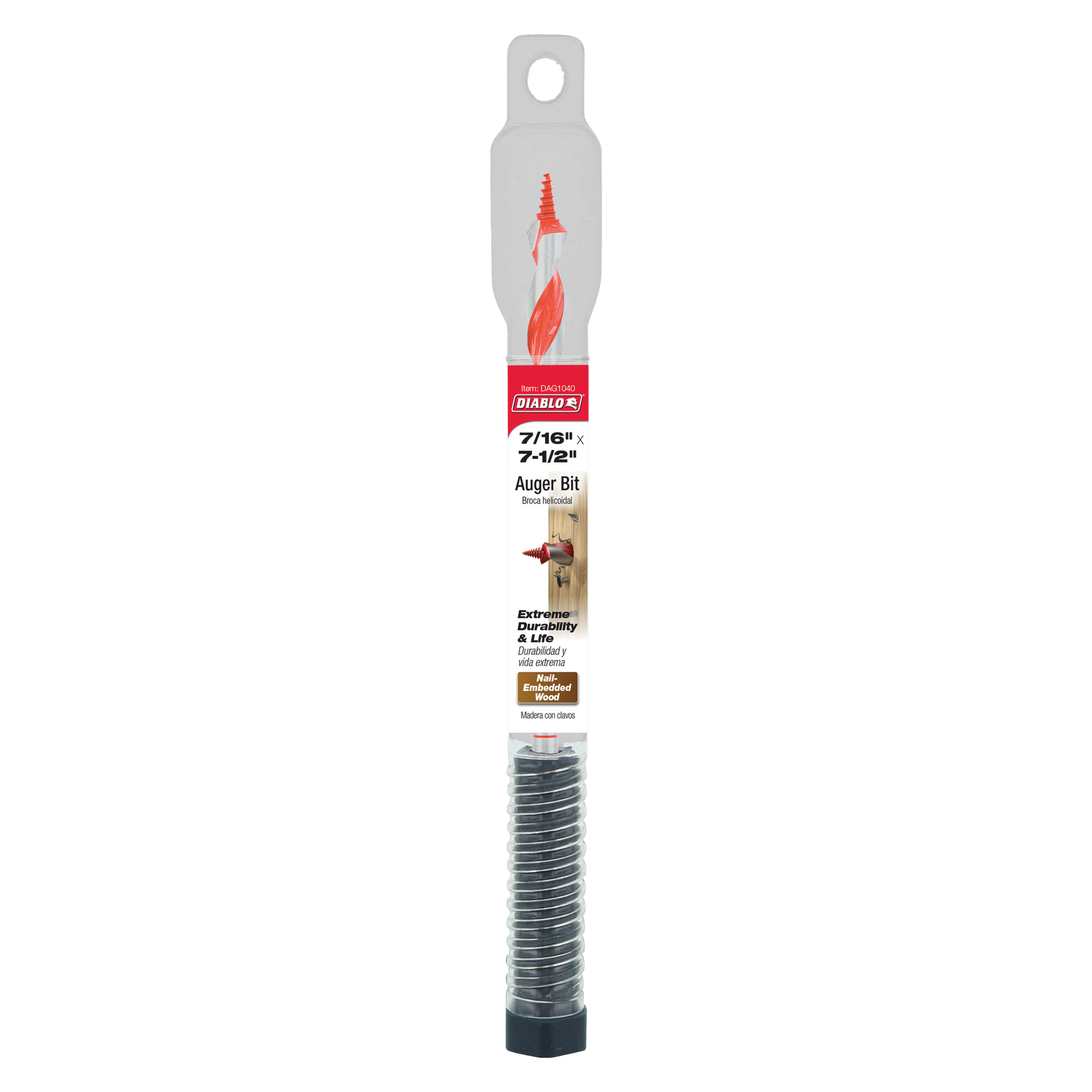 Diablo 7/16 in. x 7-1/2 in. auger bit with gray handle, red spiral flutes, and dark metal shaft.