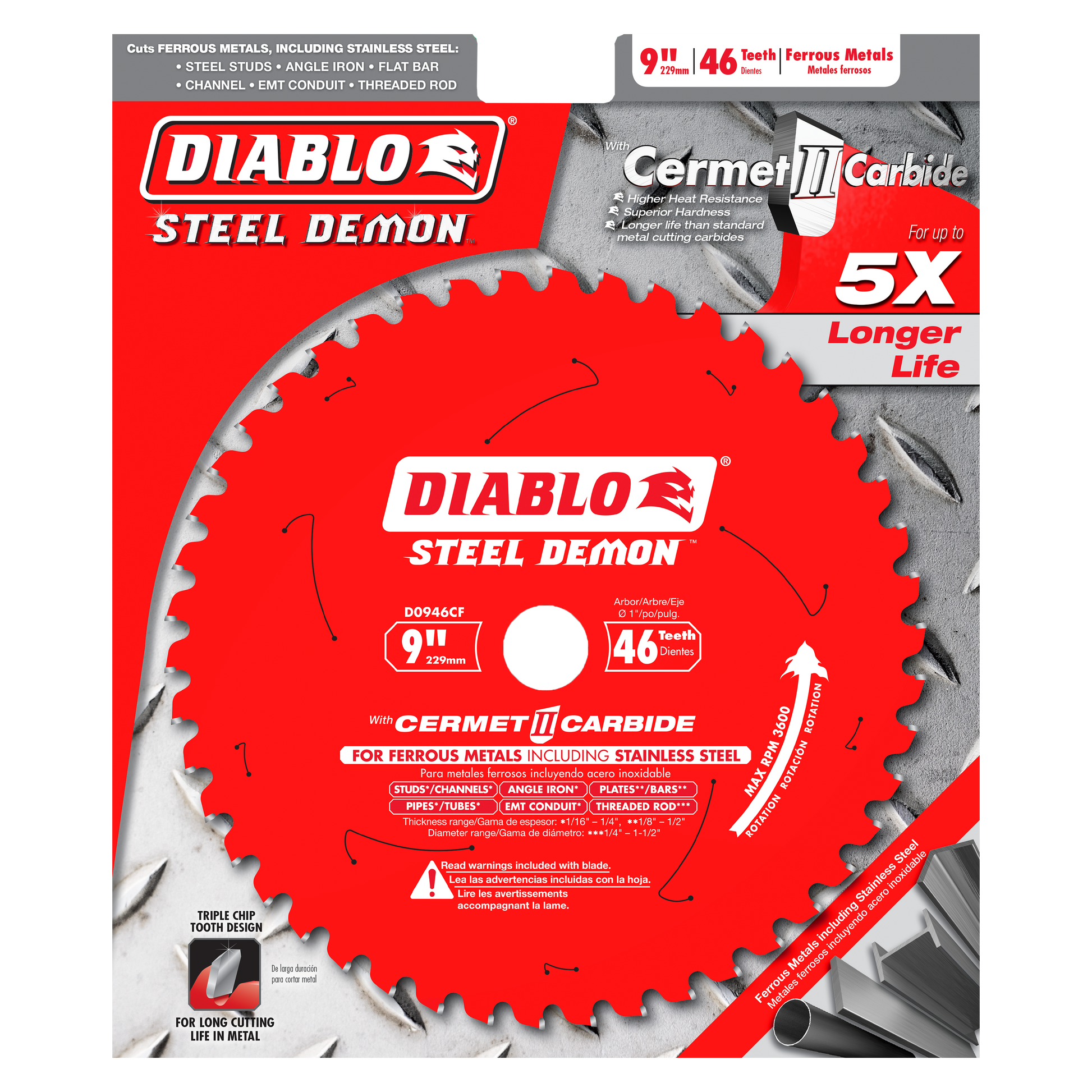 Diablo Steel Demon 9-inch circular saw blade with 46 teeth and Cermet II carbide coating for cutting ferrous metals and stain