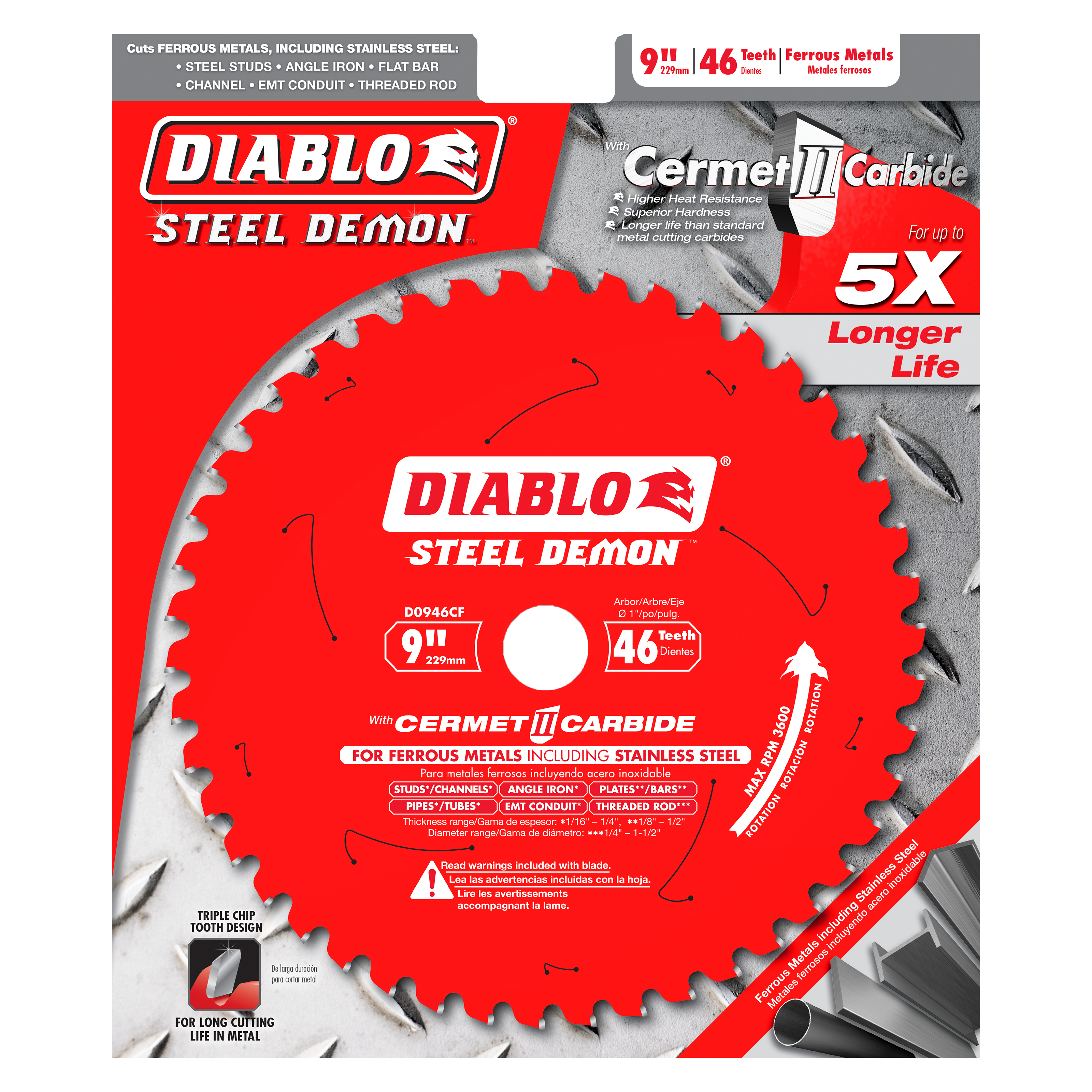 Diablo Steel Demon 9-inch circular saw blade with 46 teeth and Cermet II carbide coating for cutting ferrous metals and stain