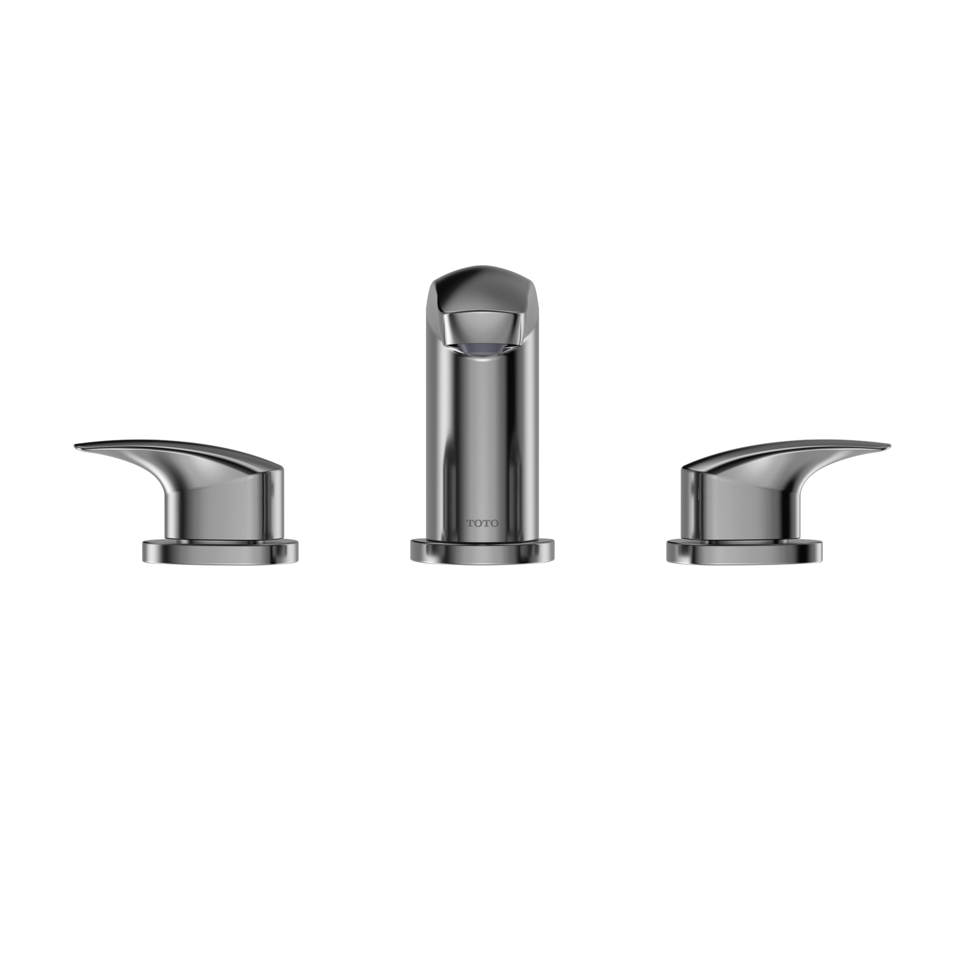 Polished chrome bathroom sink faucet with tall center spout and two curved side handles.