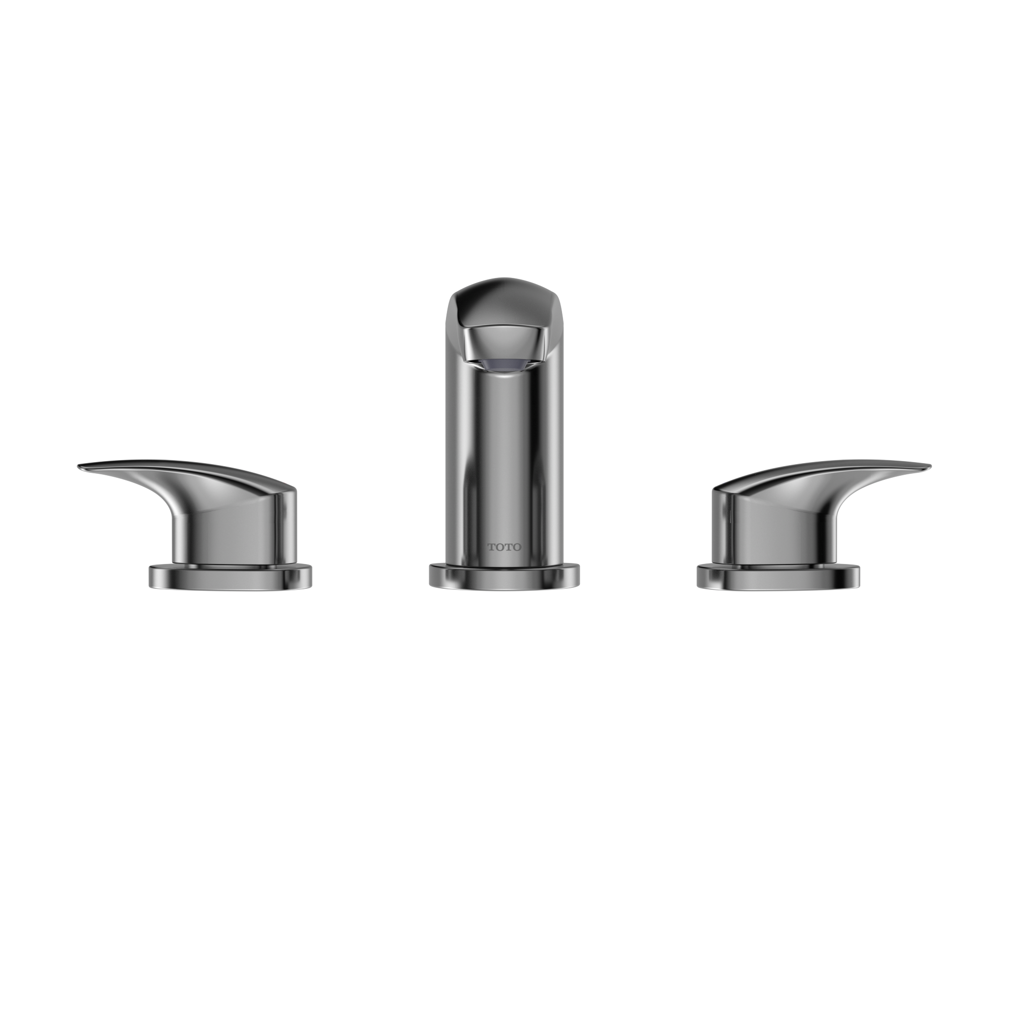 Polished chrome bathroom sink faucet with tall center spout and two curved side handles.