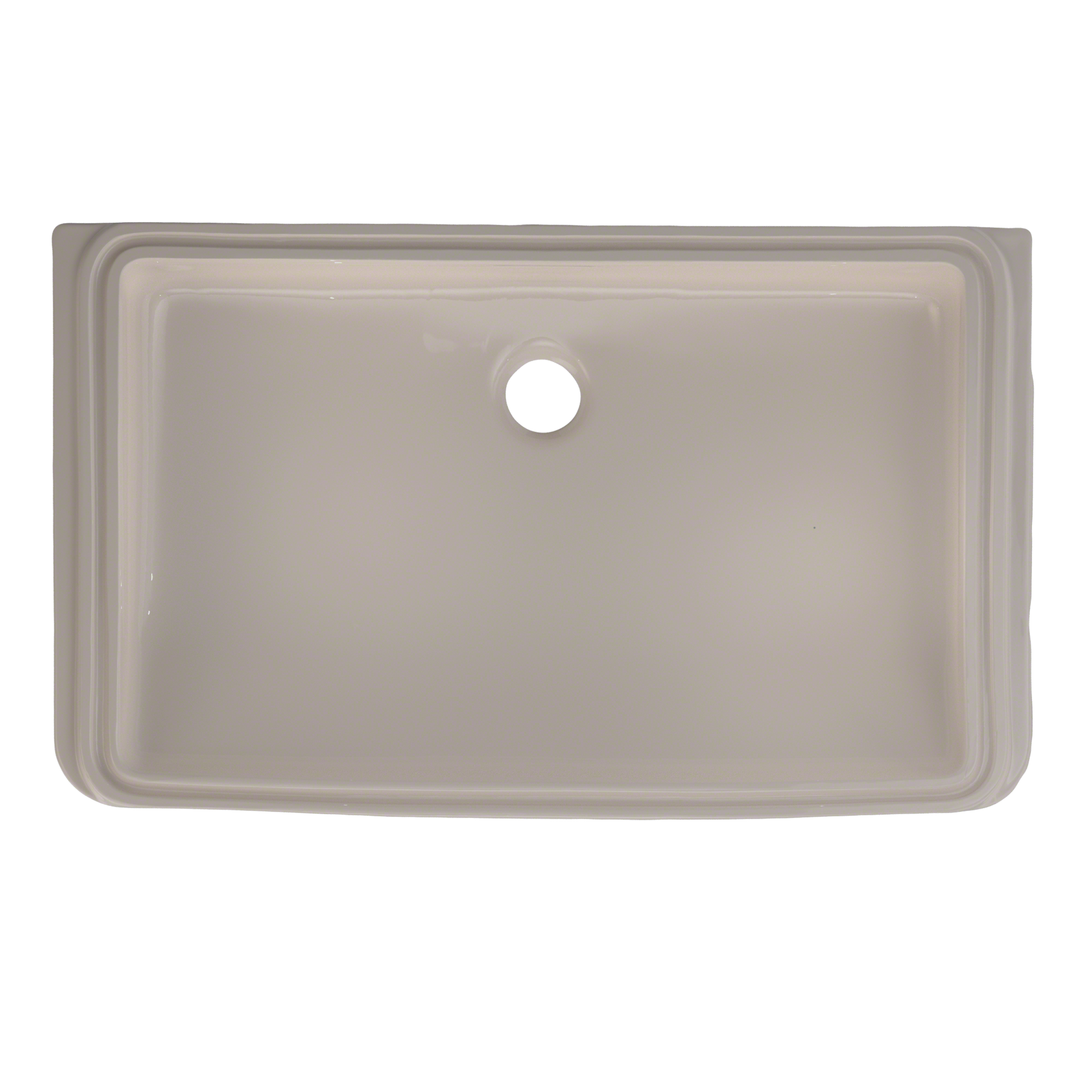 Bone-colored rectangular undermount bathroom sink with single faucet hole and rounded corners, viewed from above.