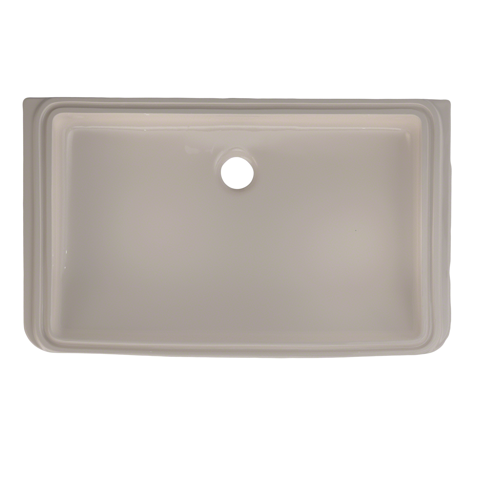 Bone-colored rectangular undermount bathroom sink with single faucet hole and rounded corners, viewed from above.