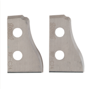 Two metal router knives with curved edges, two mounting holes each, and "Freud RP-C34" markings.