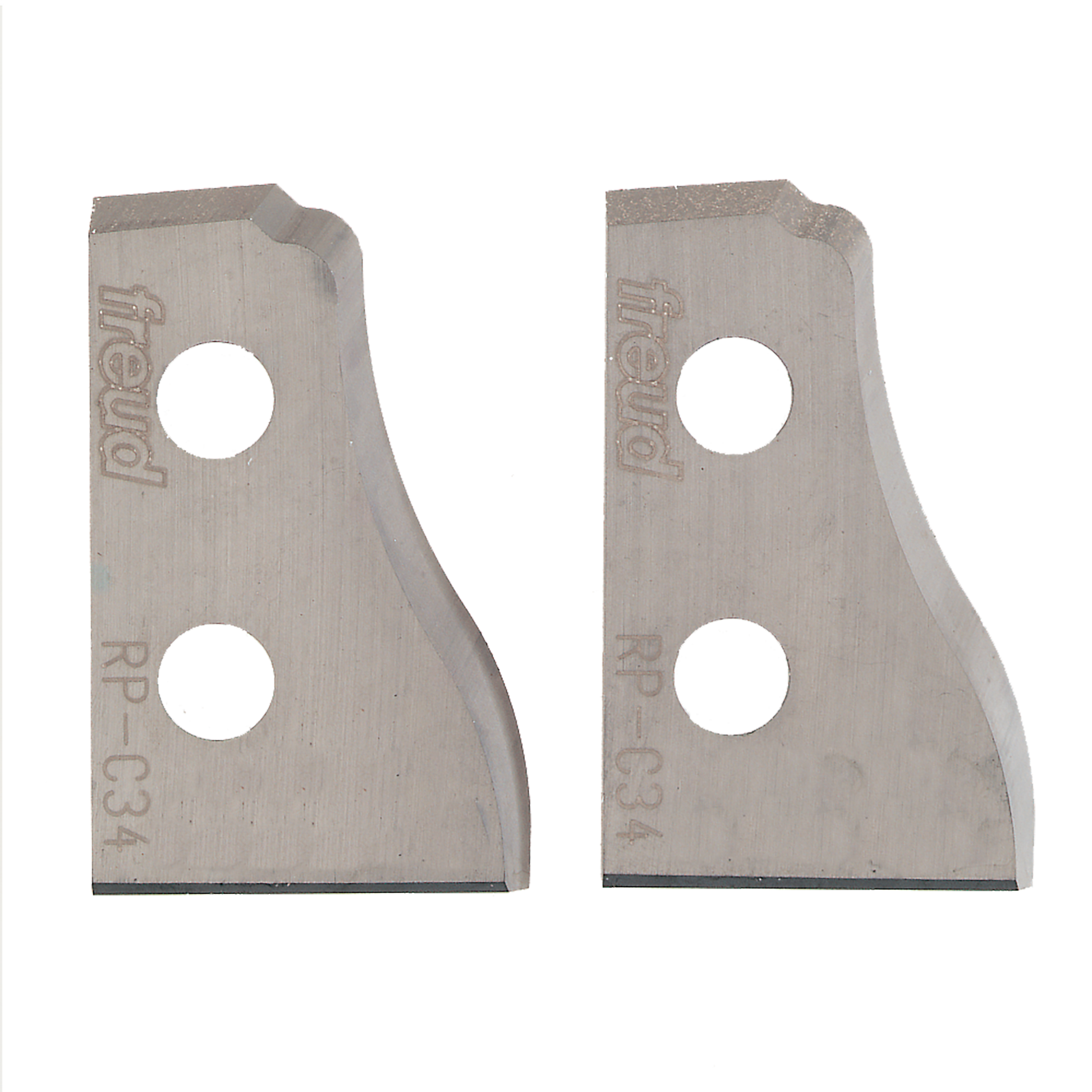 Two metal router knives with curved edges, two mounting holes each, and "Freud RP-C34" markings.