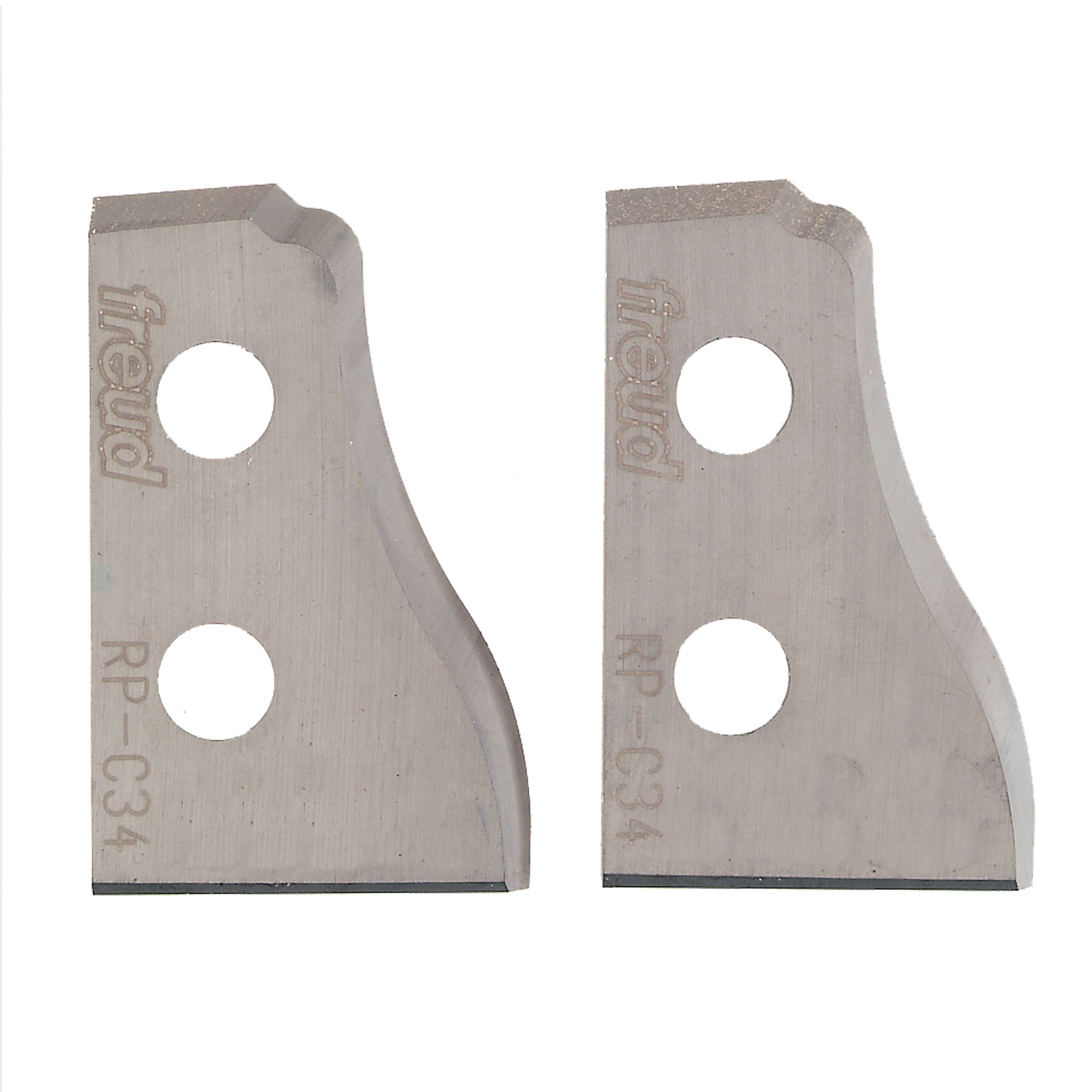 Two metal router knives with curved edges, two mounting holes each, and "Freud RP-C34" markings.