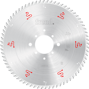 Circular saw blade with silver coating, white center arbor hole, mounting holes around center, and serrated teeth around peri