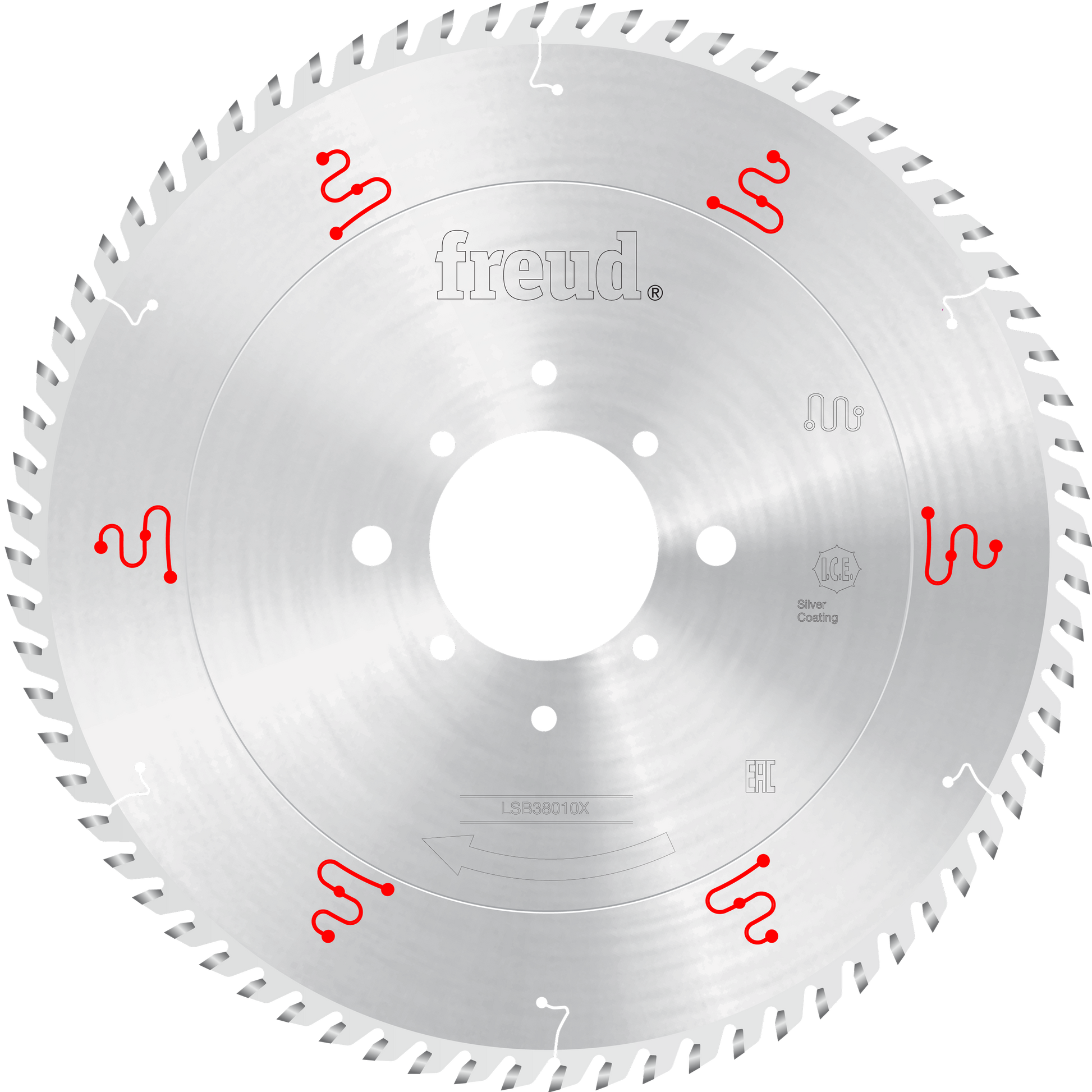 Circular saw blade with silver coating, white center arbor hole, mounting holes around center, and serrated teeth around peri