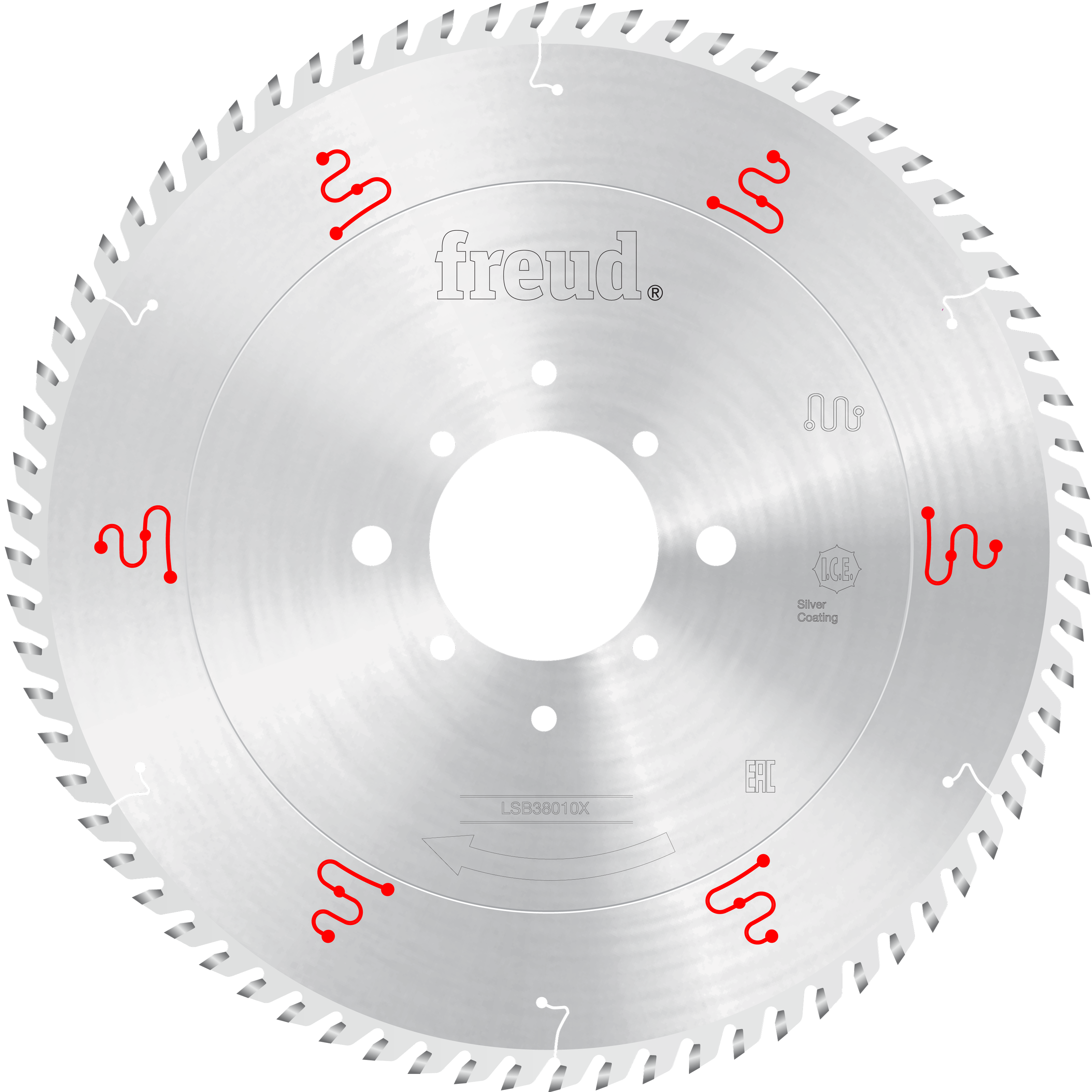 Circular saw blade with silver coating, white center arbor hole, mounting holes around center, and serrated teeth around peri