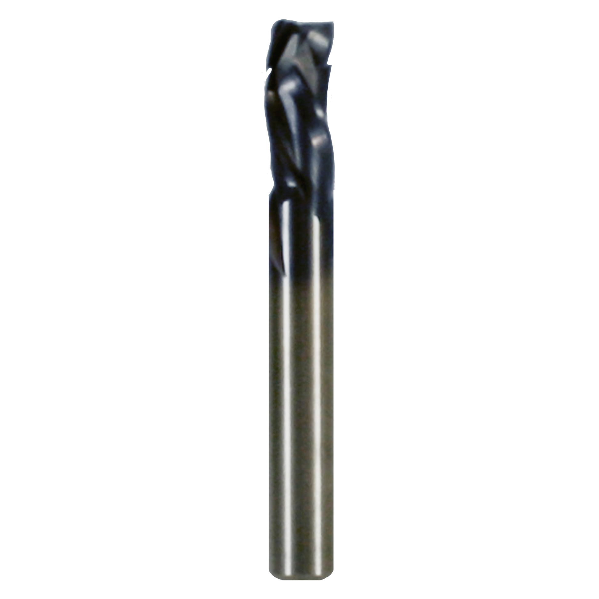 Black and gray cylindrical mortise compression bit with three fluted cutting head at top and smooth shank below.