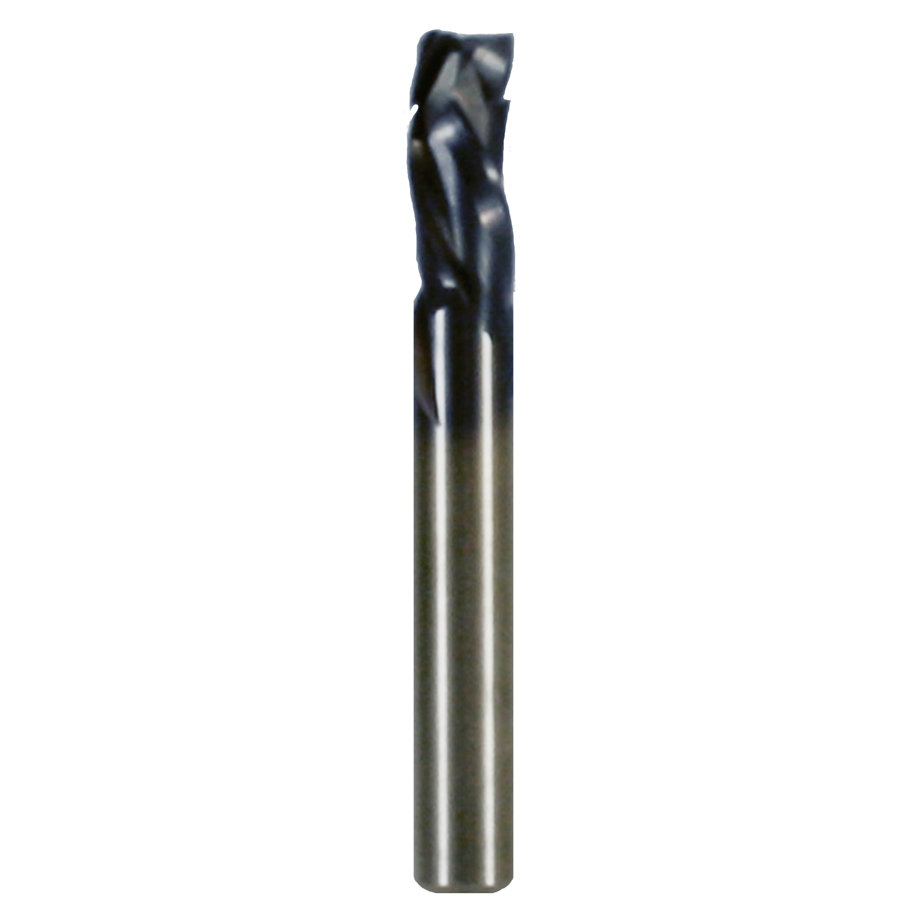 Black and gray cylindrical mortise compression bit with three fluted cutting head at top and smooth shank below.