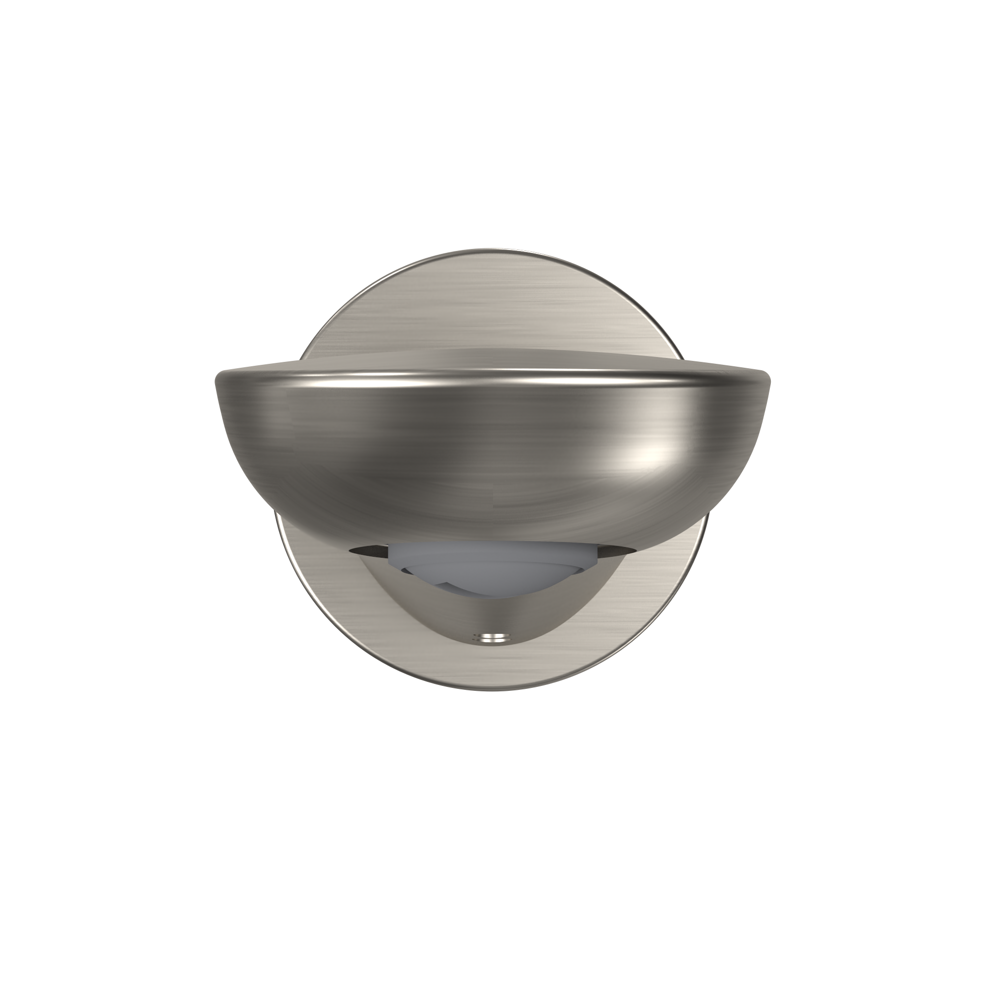 Brushed nickel wall-mounted tub spout with curved modern design and water outlet opening.