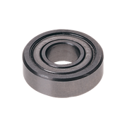 Silver ball bearing with concentric grooves and central hole on white background.