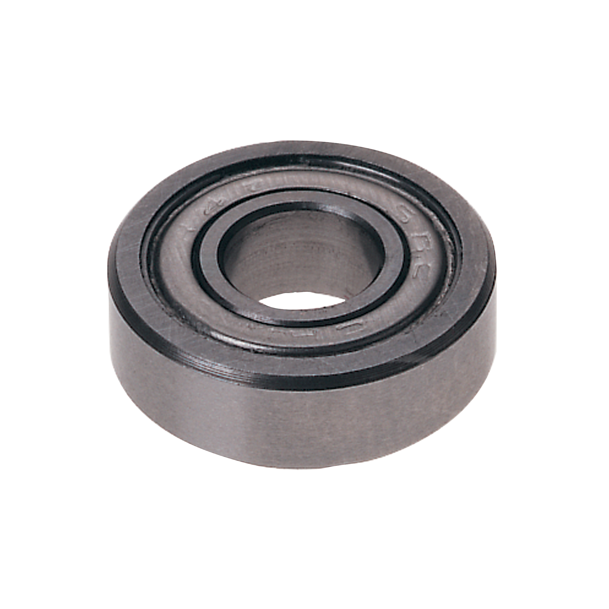Silver ball bearing with concentric grooves and central hole on white background.