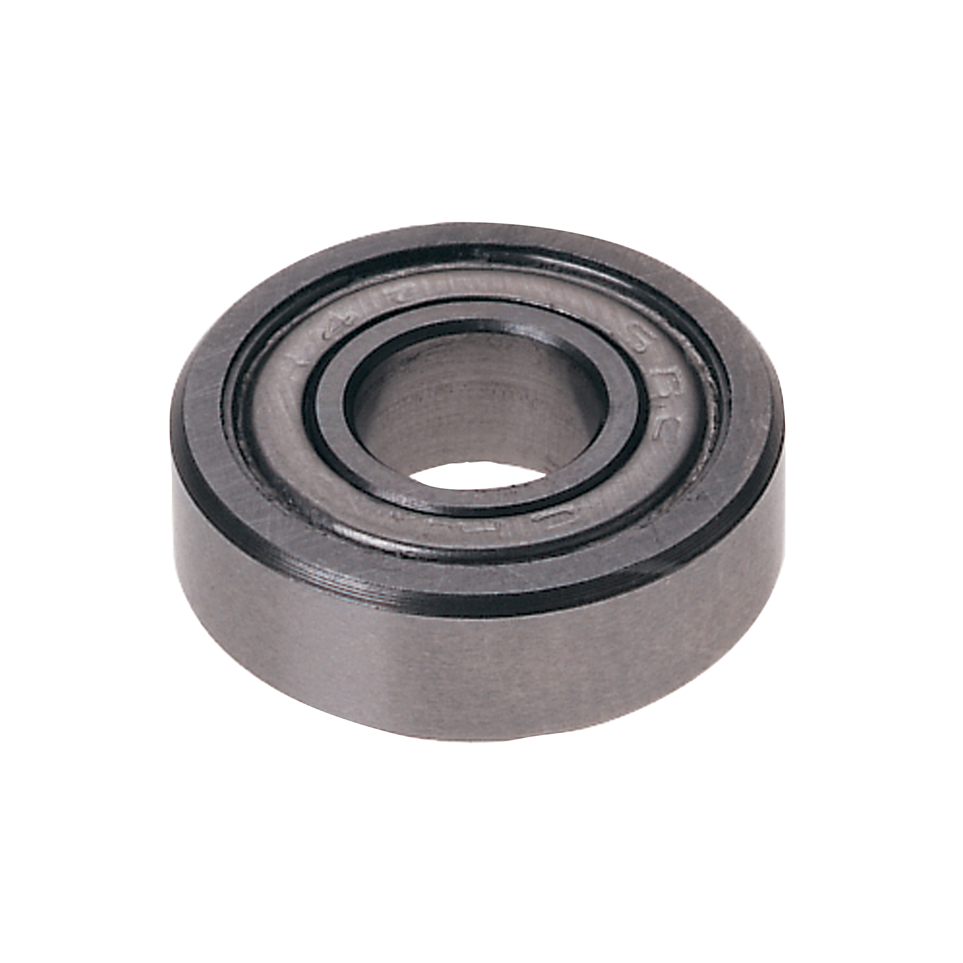 Silver ball bearing with concentric grooves and central hole on white background.