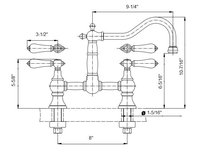 Bridge-style kitchen faucet with curved spout, dual handles, and mounting dimensions labeled.