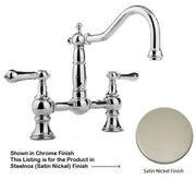 Polished chrome bridge-style kitchen faucet with curved spout, dual lever handles, and decorative spherical accents in satin 