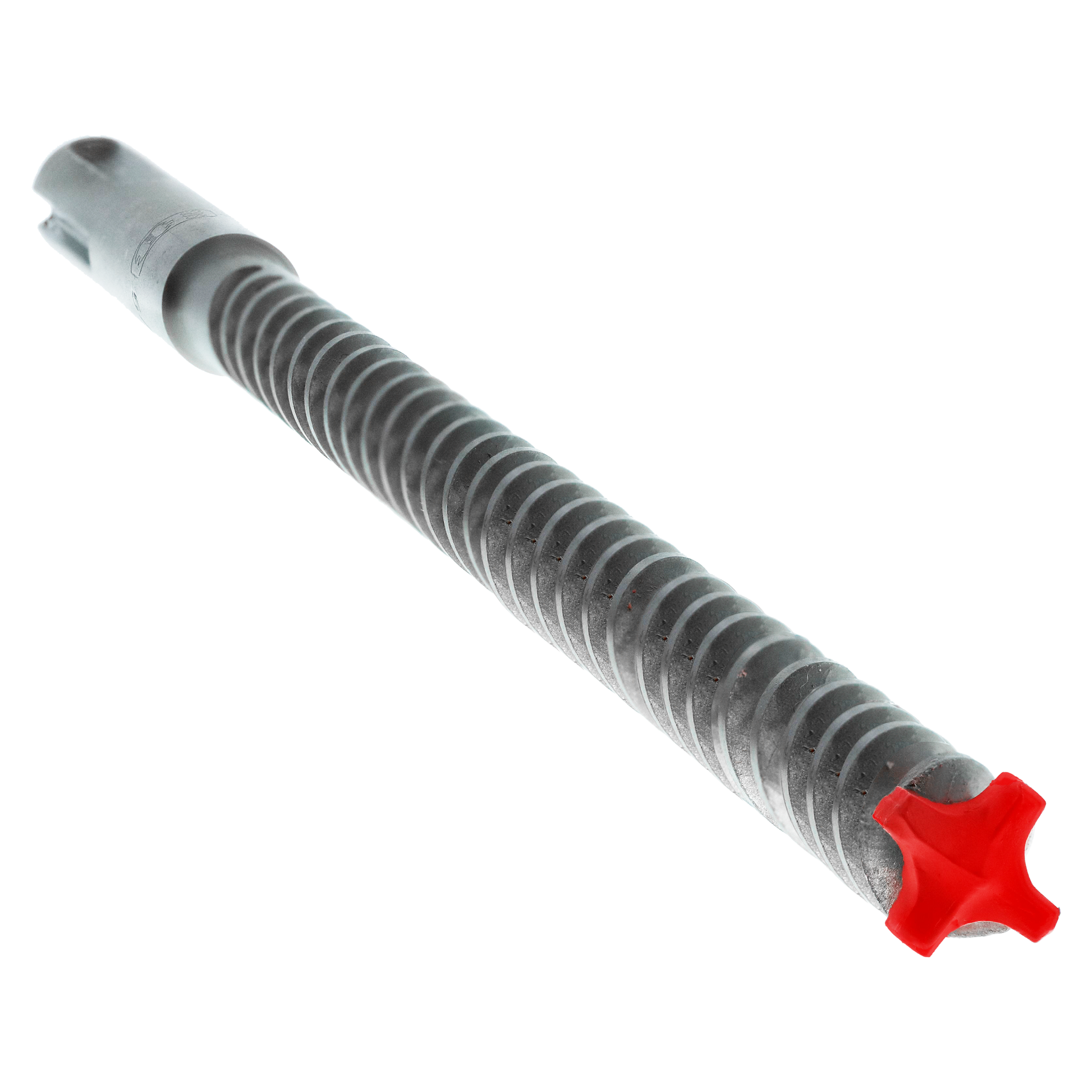 SDS-Max hammer drill bit with 4-cutter carbide head, ribbed steel shaft, and red connector end.