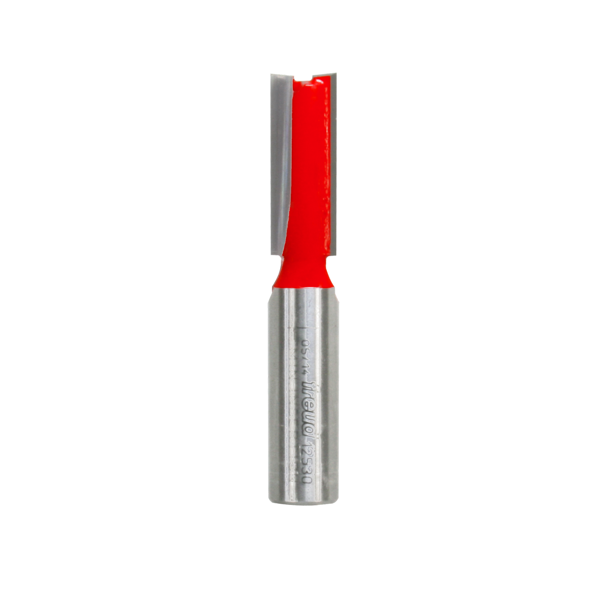 Red and silver straight router bit with two flutes and cylindrical shank.