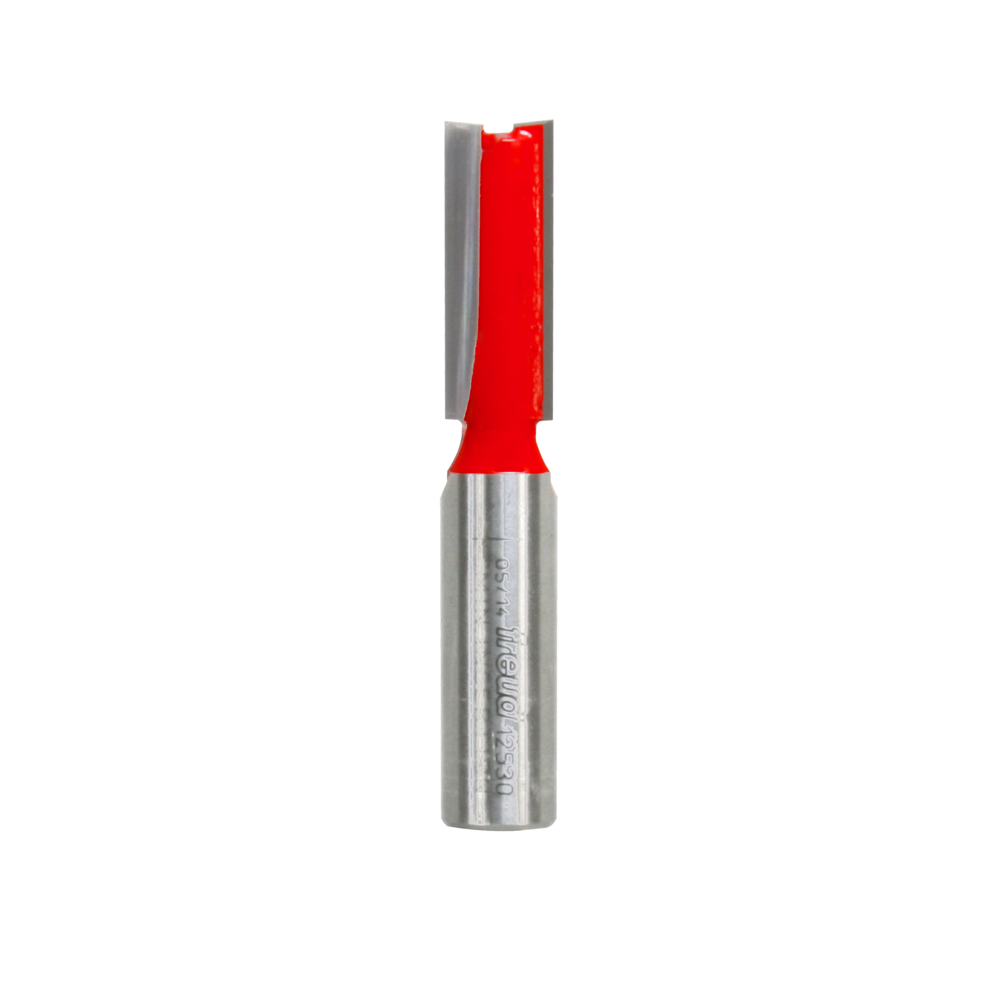 Red and silver straight router bit with two flutes and cylindrical shank.