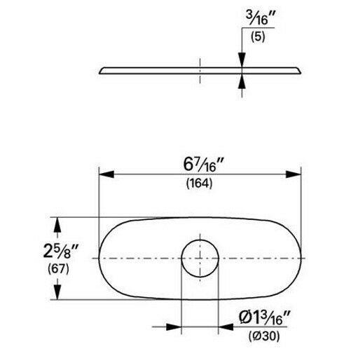 Chrome escutcheon base plate with rounded rectangular shape, 6 7/16 inches wide and 2 5/8 inches tall, with center hole.
