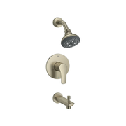 Brushed nickel tub and shower combo with pressure balance valve, round showerhead, angled arm, and lever handle.